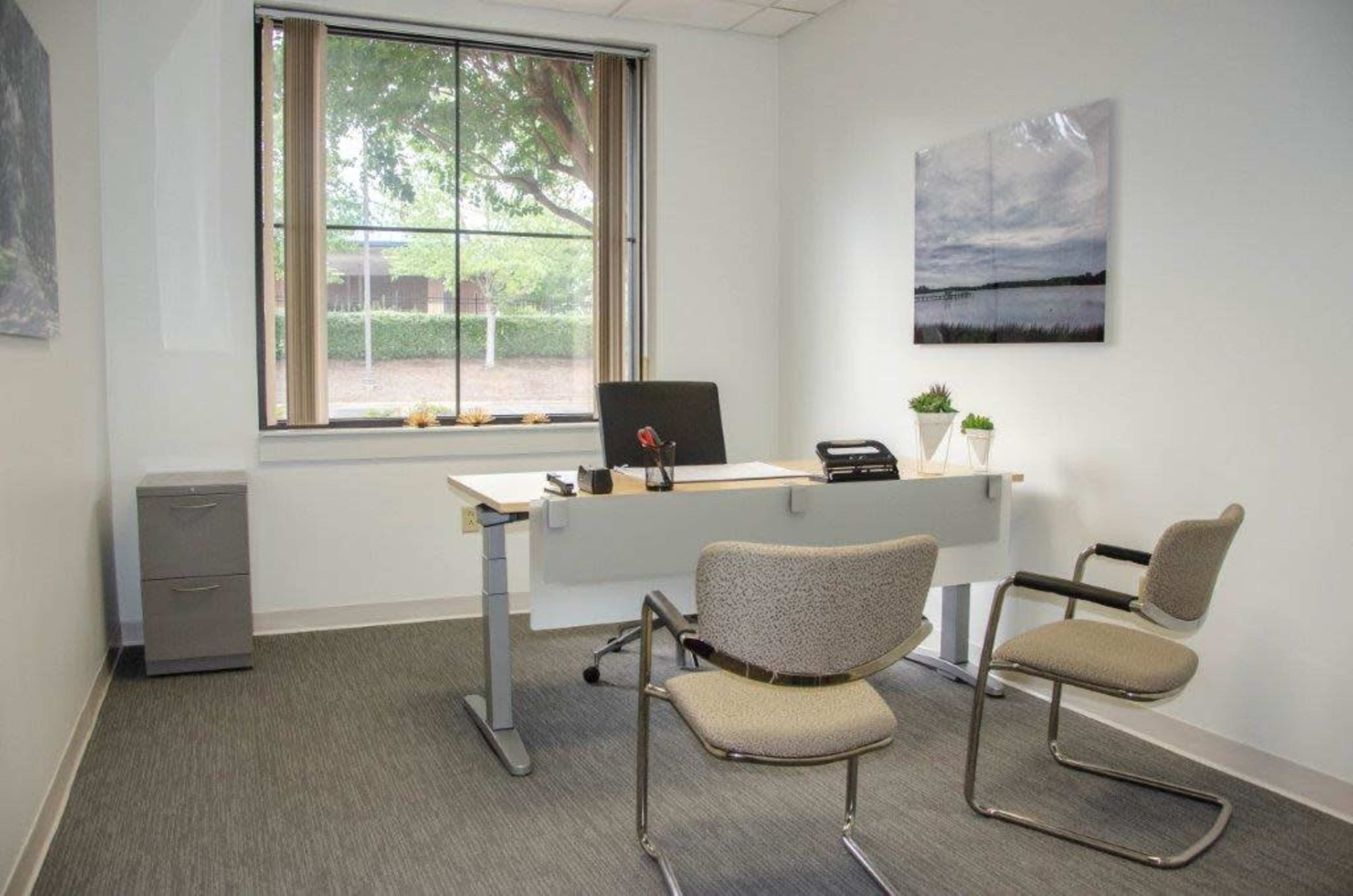 A simple office space featuring a desk with a chair, two additional chairs, a filing cabinet, and a window overlooking greenery.