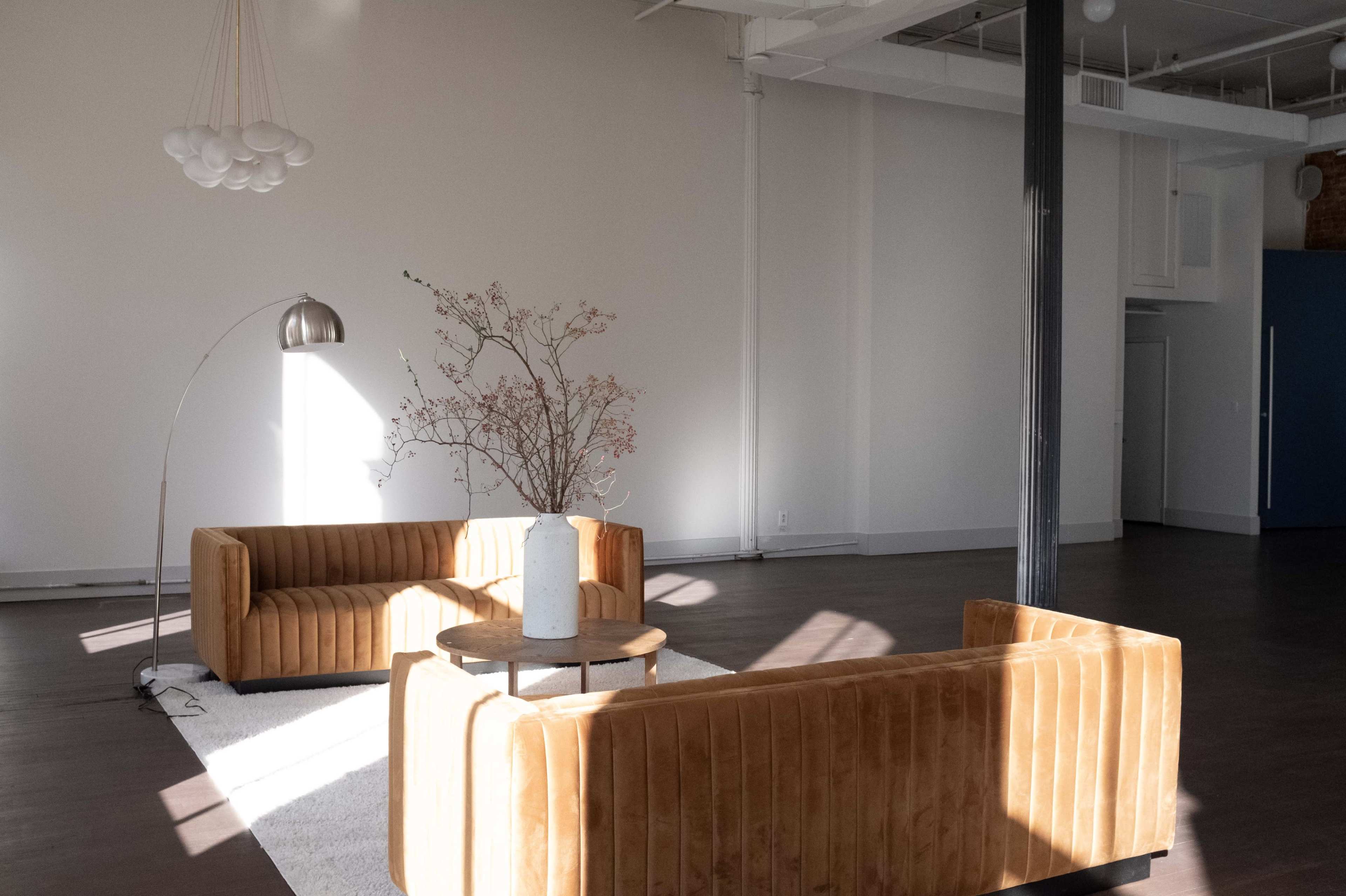 The image shows a spacious, minimalist room with two tan velvet sofas, a round table, and a floor lamp, illuminated by natural light streaming through a window.