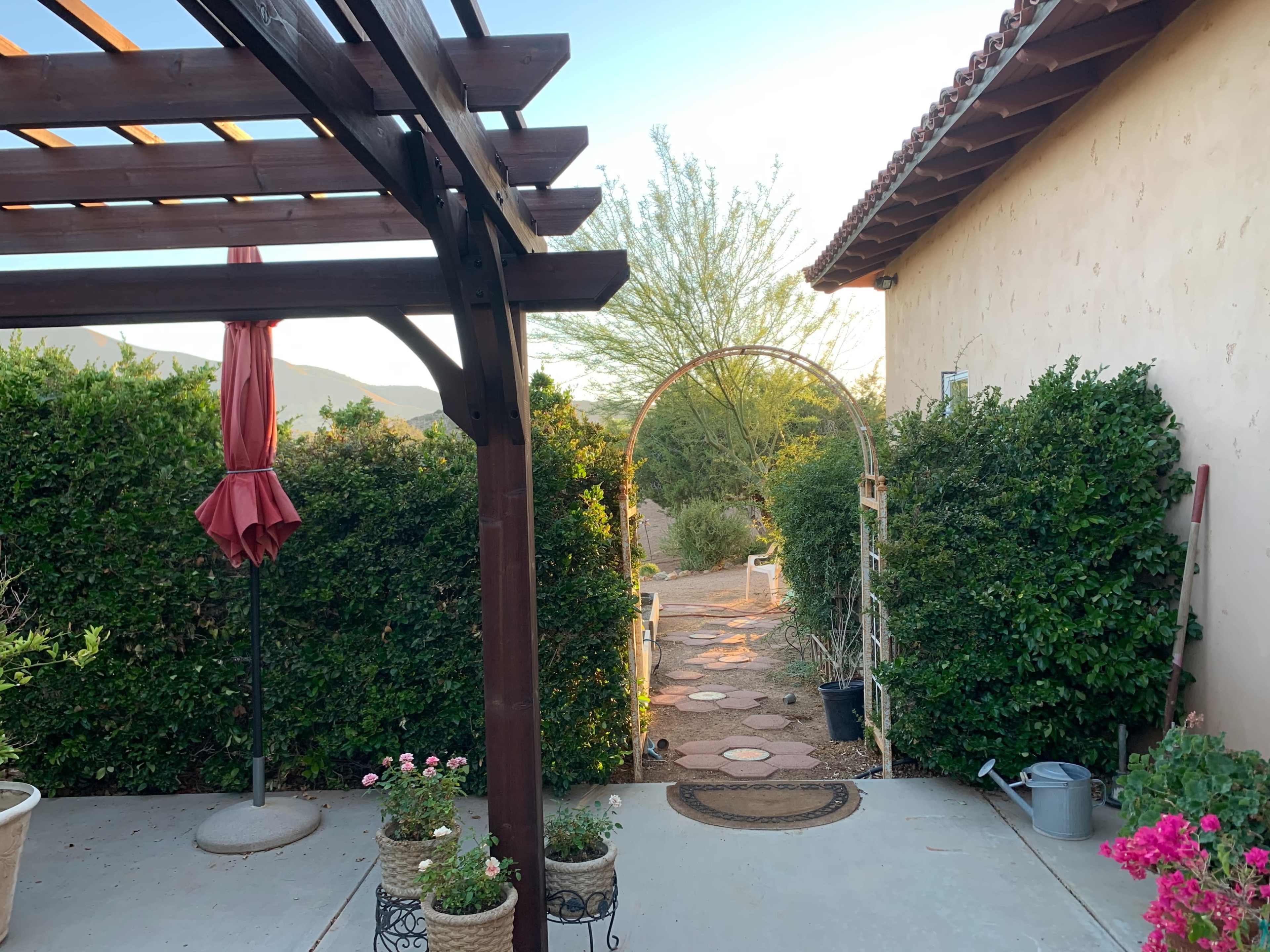 A pathway leading through an archway surrounded by greenery, with a pergola and potted flowers in the foreground.