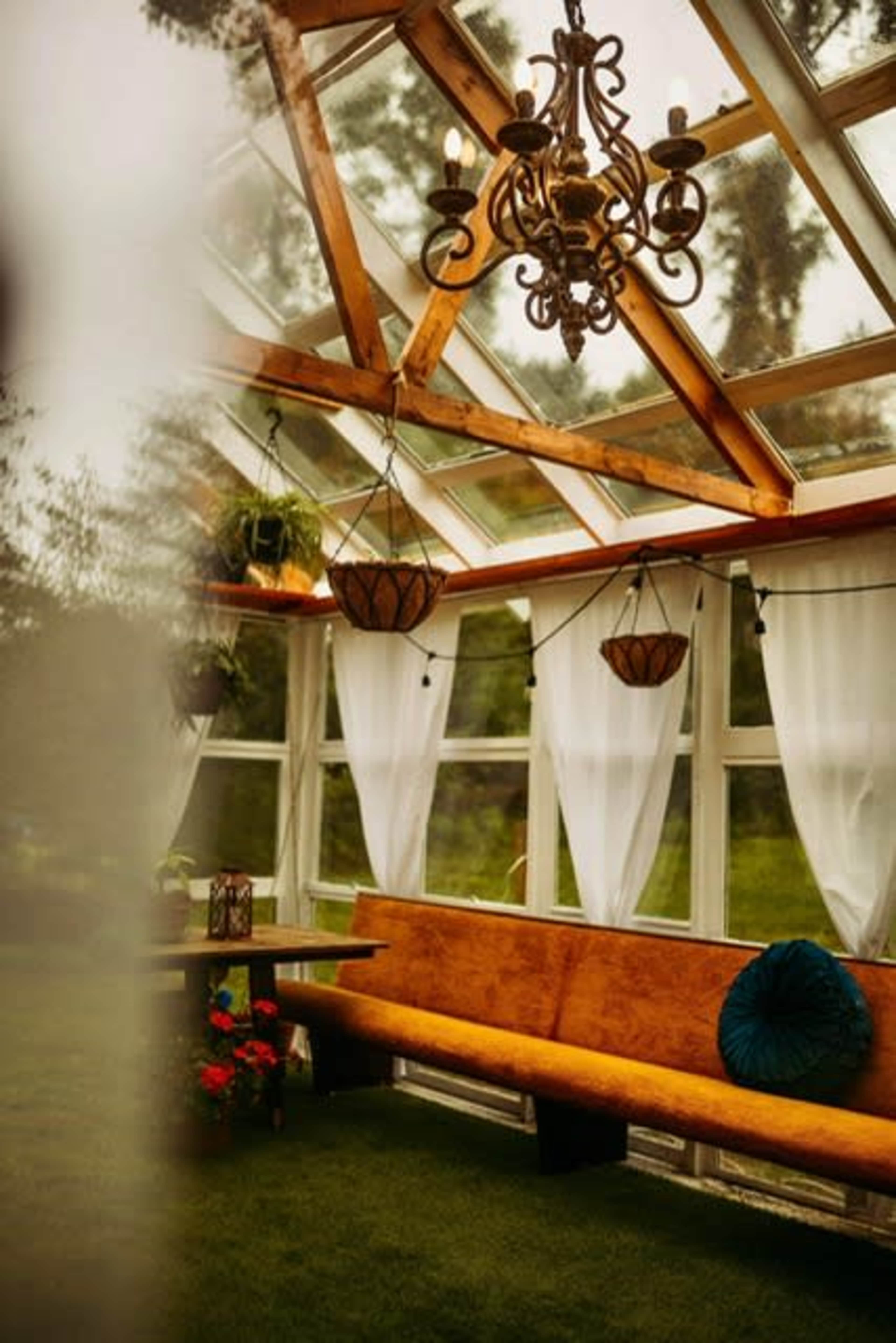 A sunlit greenhouse interior with wooden benches, a chandelier, and hanging plants.