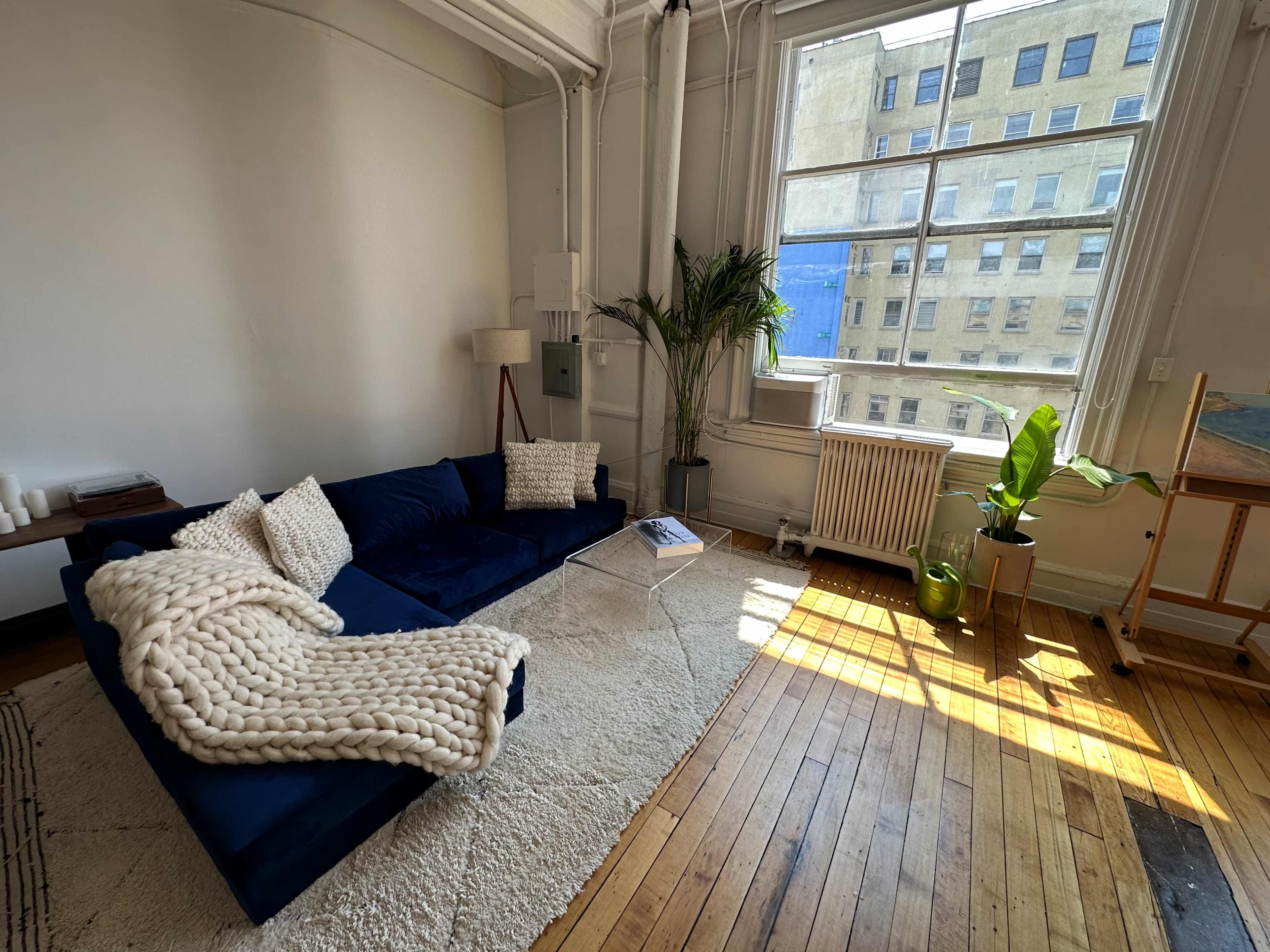 A bright living room features a navy blue sectional sofa, a plush beige rug, and a large window offering a view of a city building.