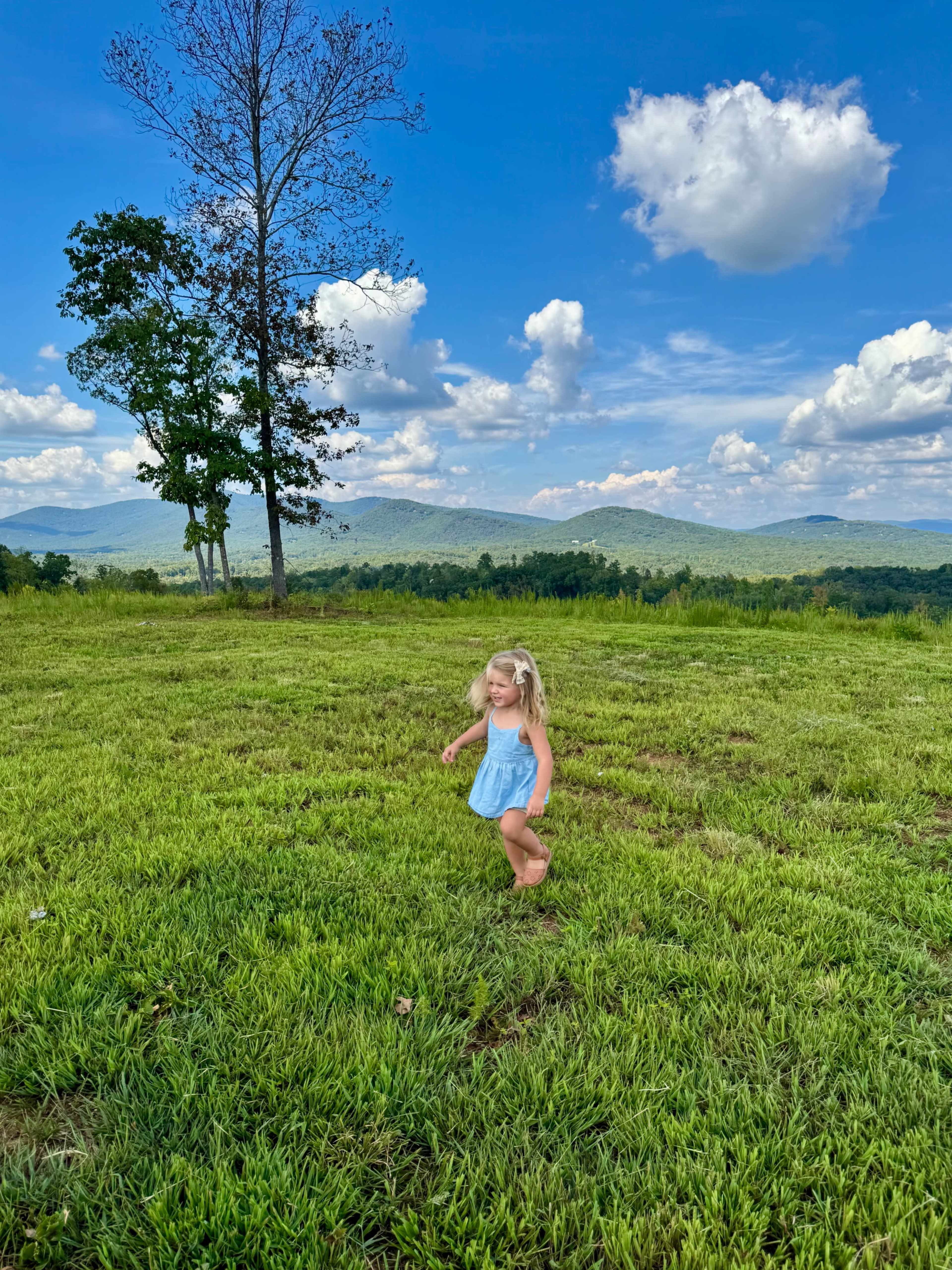 A child runs across a green field with mountains and a blue sky in the background.