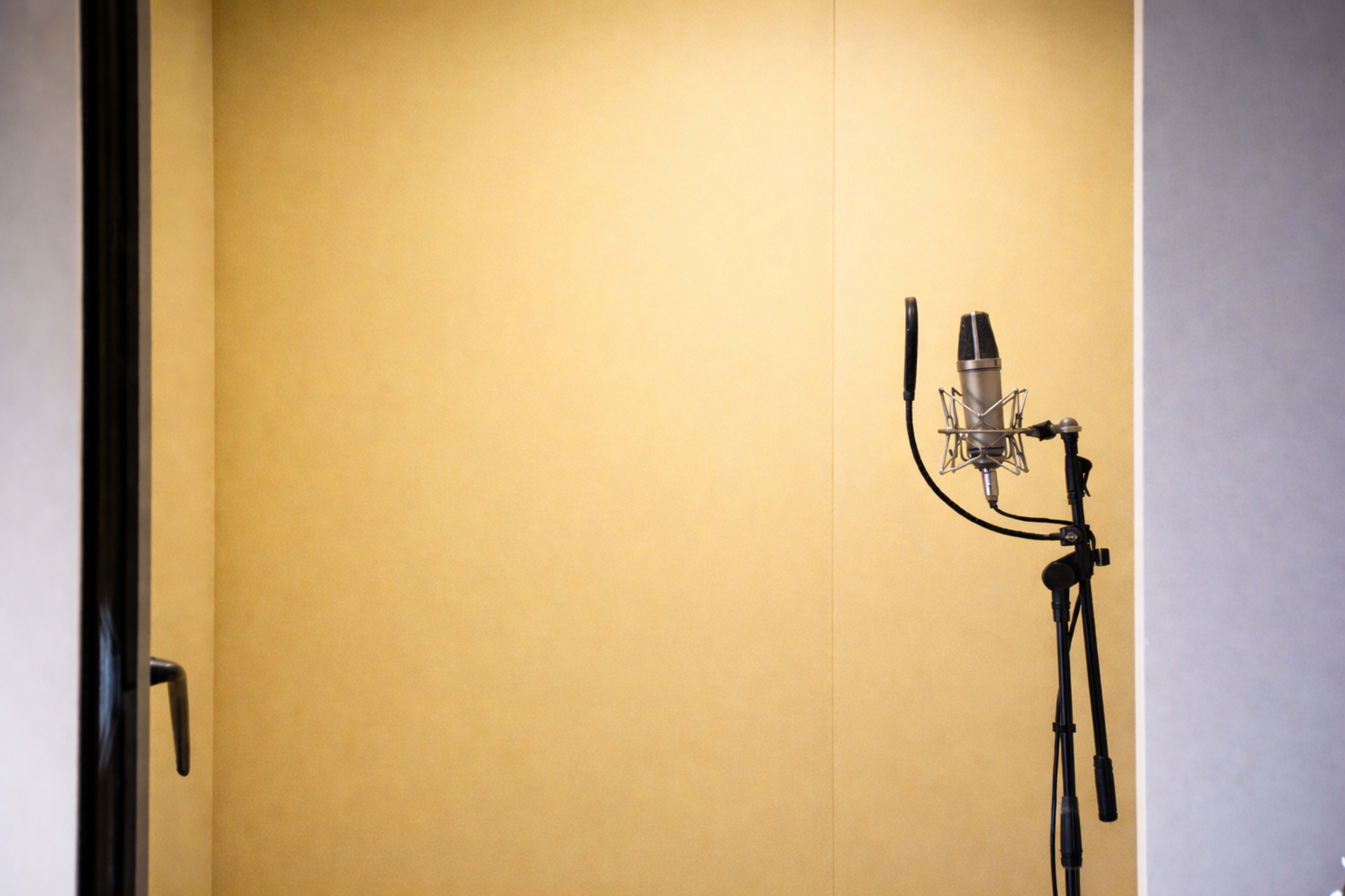 The image shows a microphone on a stand in a soundproof recording studio with a yellow wall.