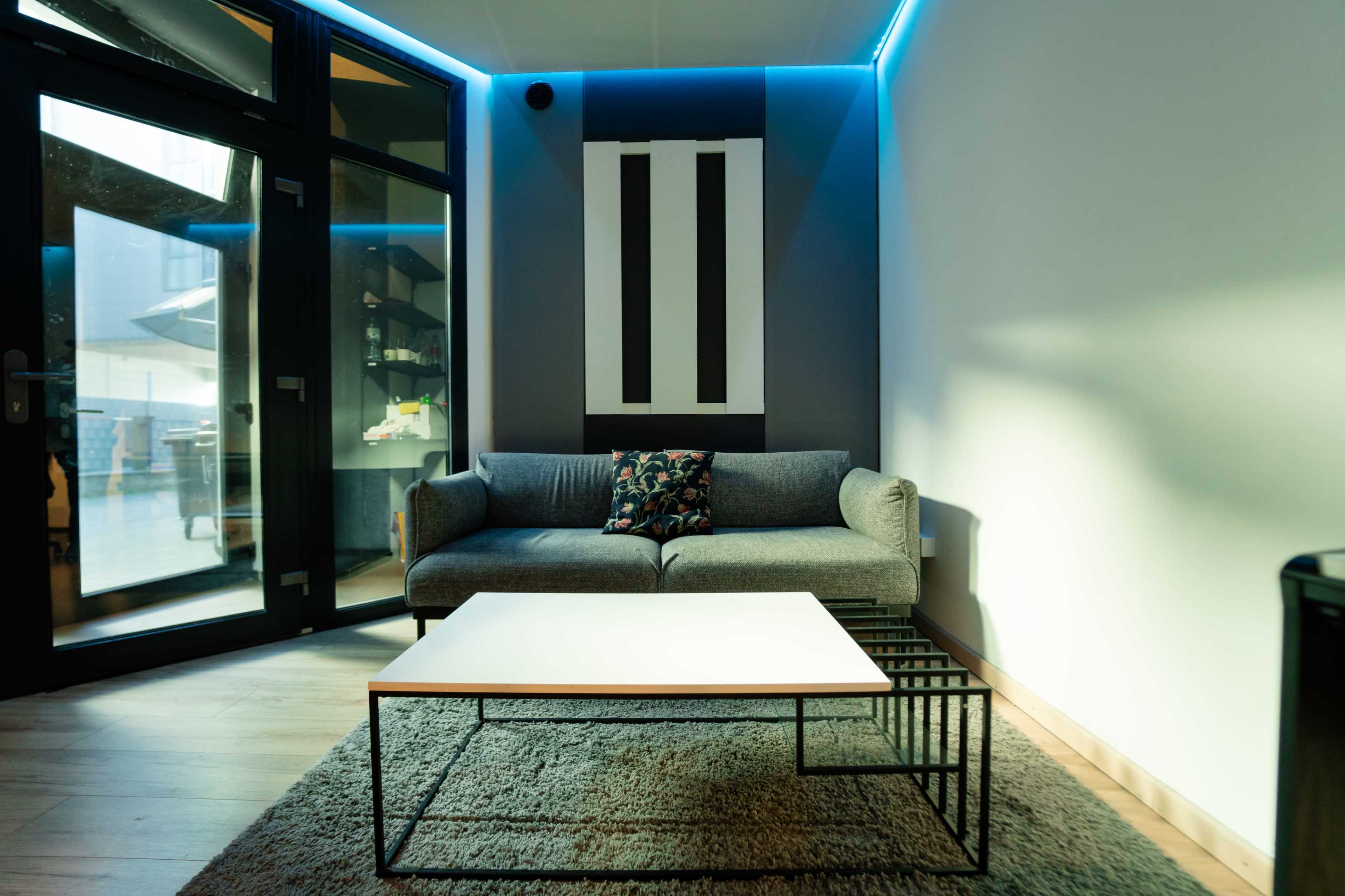 The image shows a modern living room with a gray sofa, a small white coffee table, and a decorative pillow on the couch.