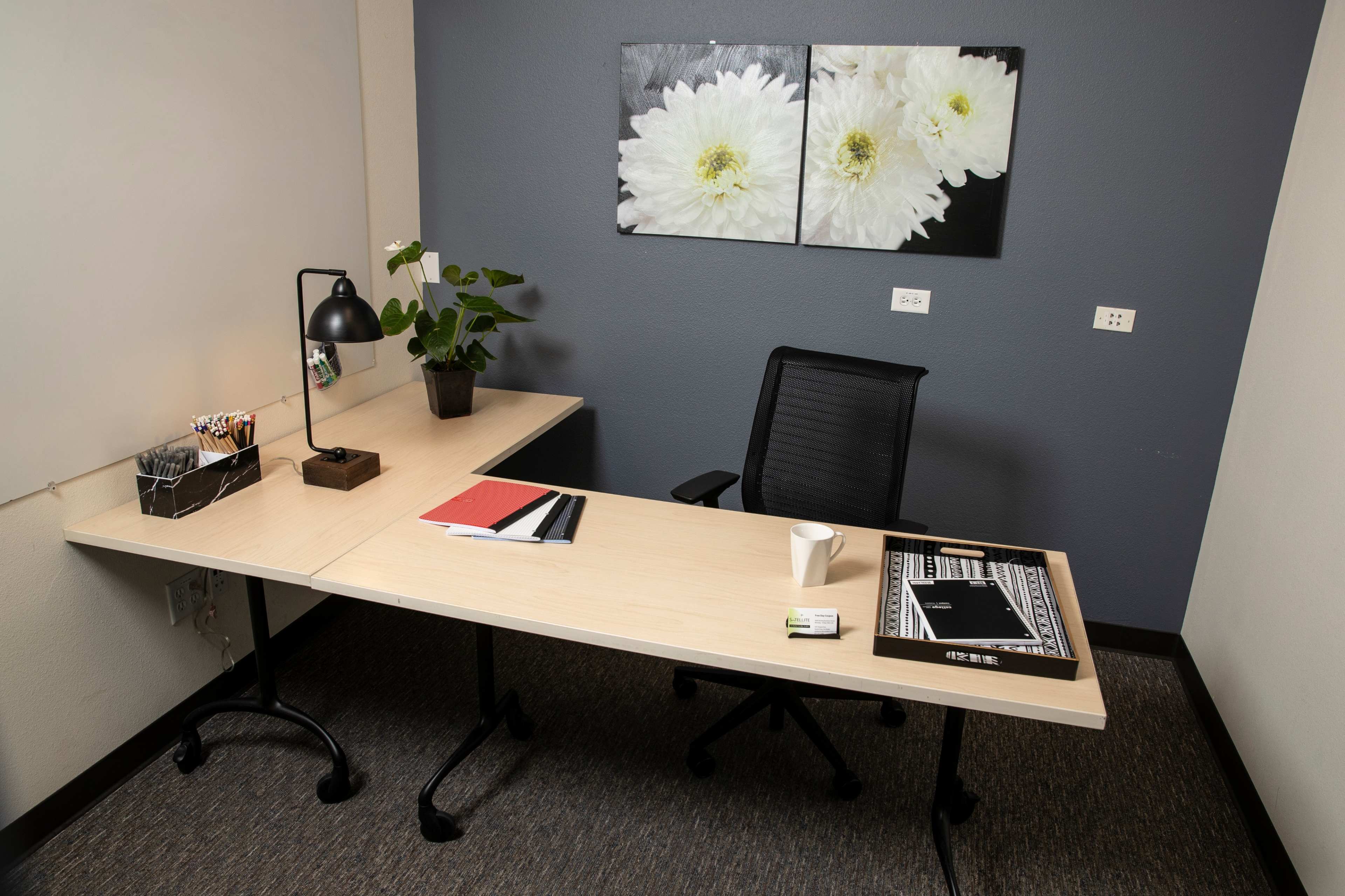 The image shows a modern office space with an L-shaped desk, a black office chair, a lamp, a small plant, and various office supplies arranged neatly.