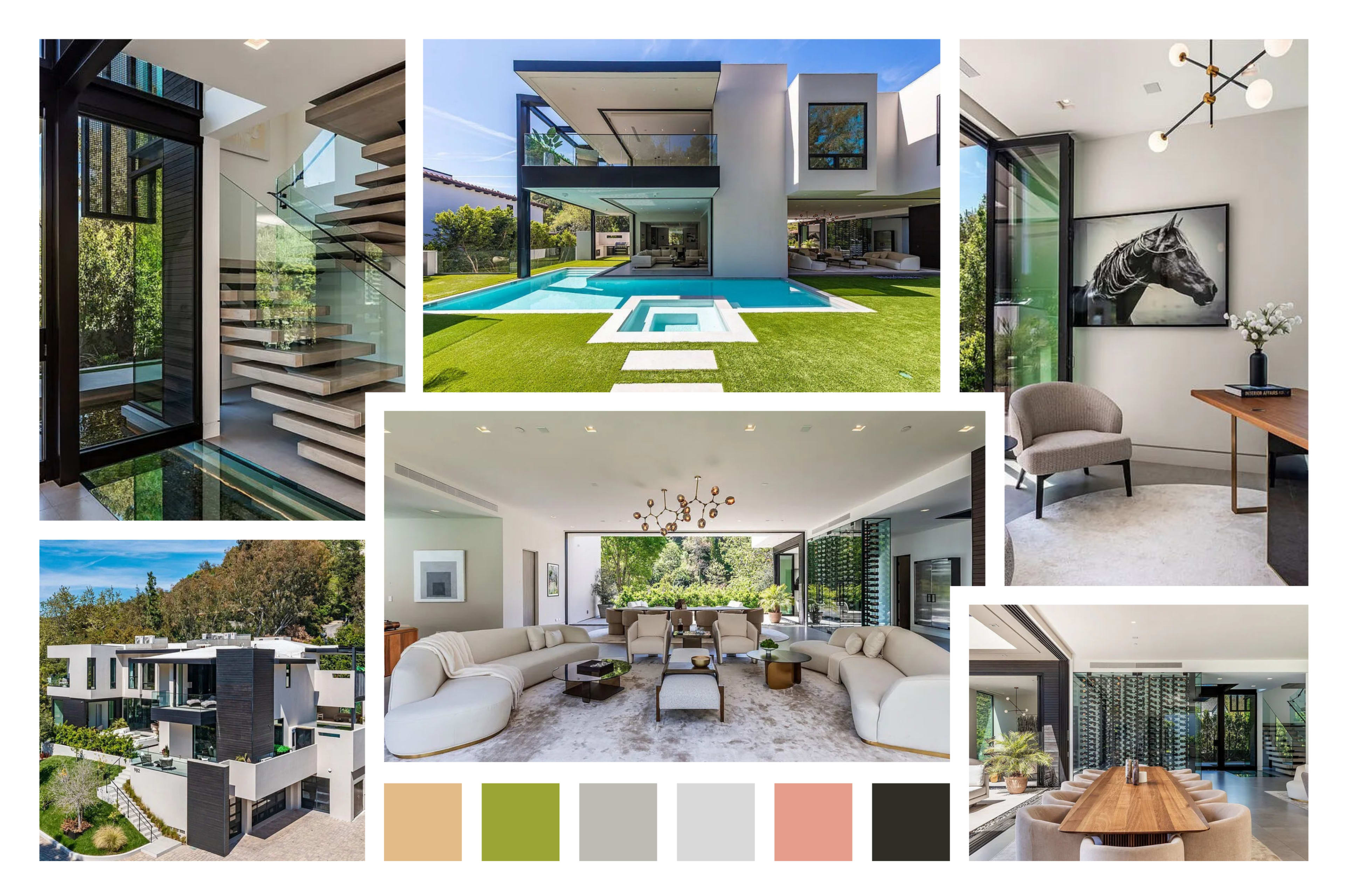 The image showcases a modern luxury home with large glass windows, an open interior design, and a central pool surrounded by a landscaped yard.