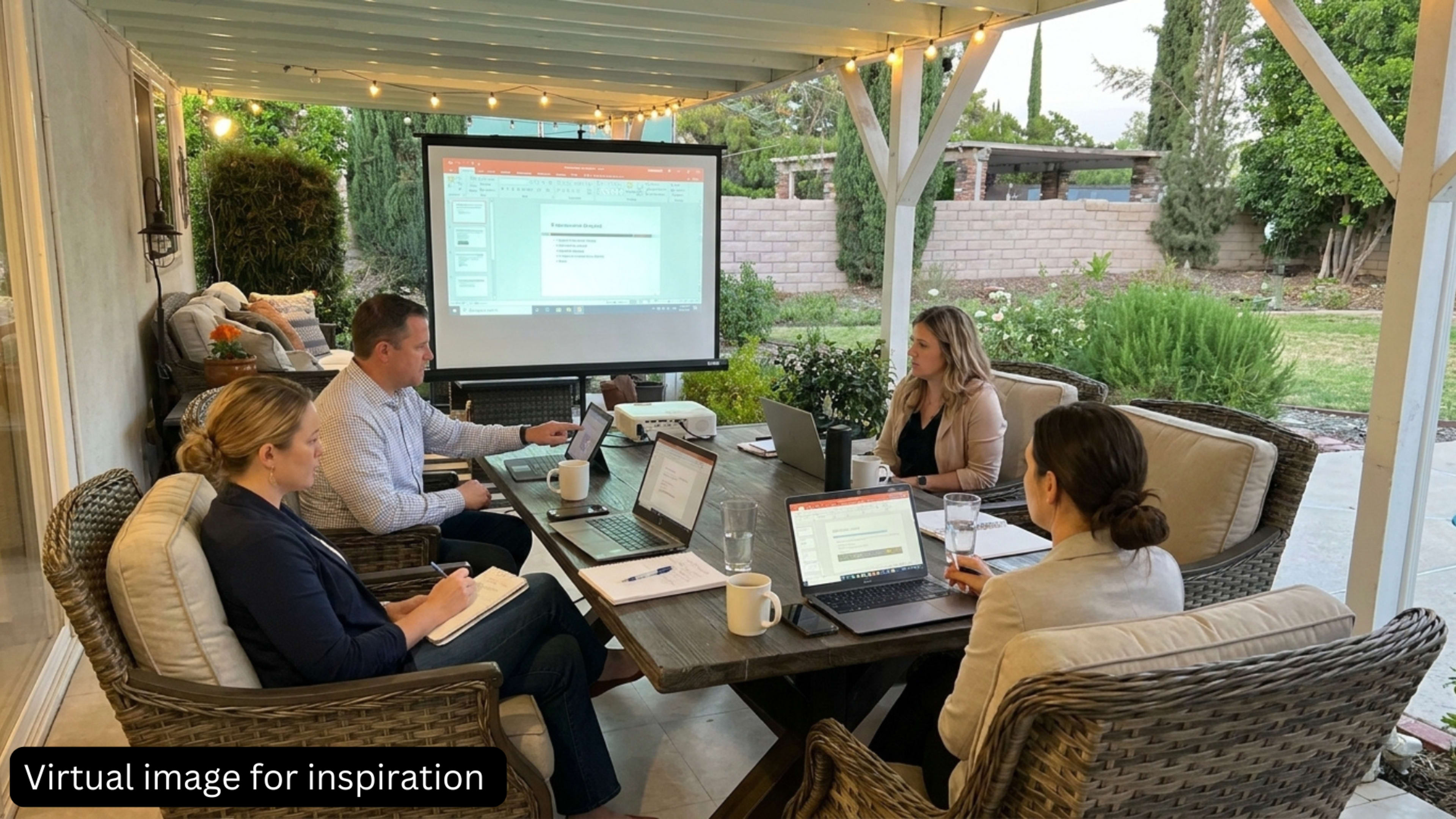 A group of four people is gathered around a table outdoors, engaged in a meeting while a projector displays a presentation on a screen.