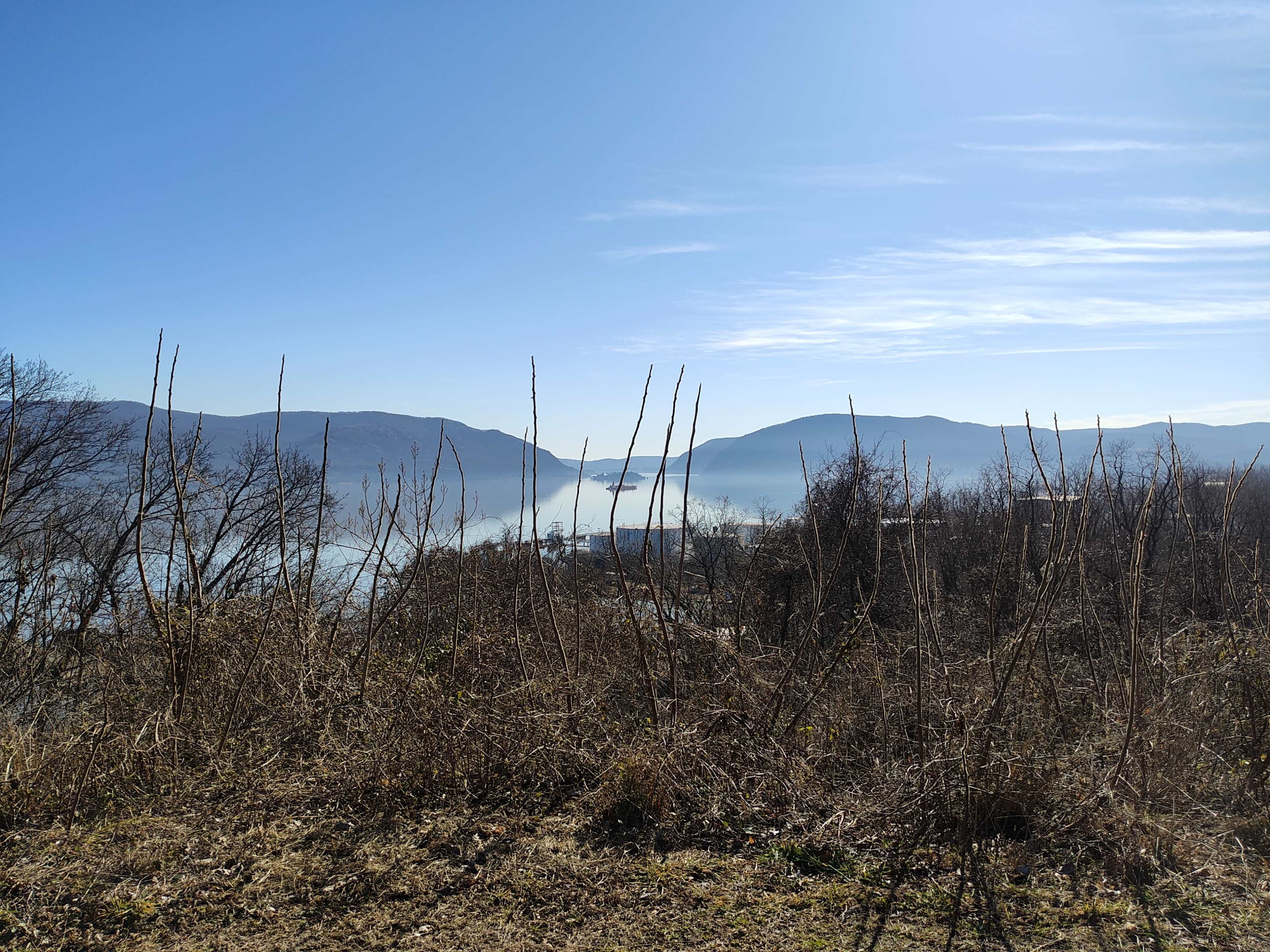 A clear view of distant mountains is framed by dry vegetation in the foreground under a blue sky.
