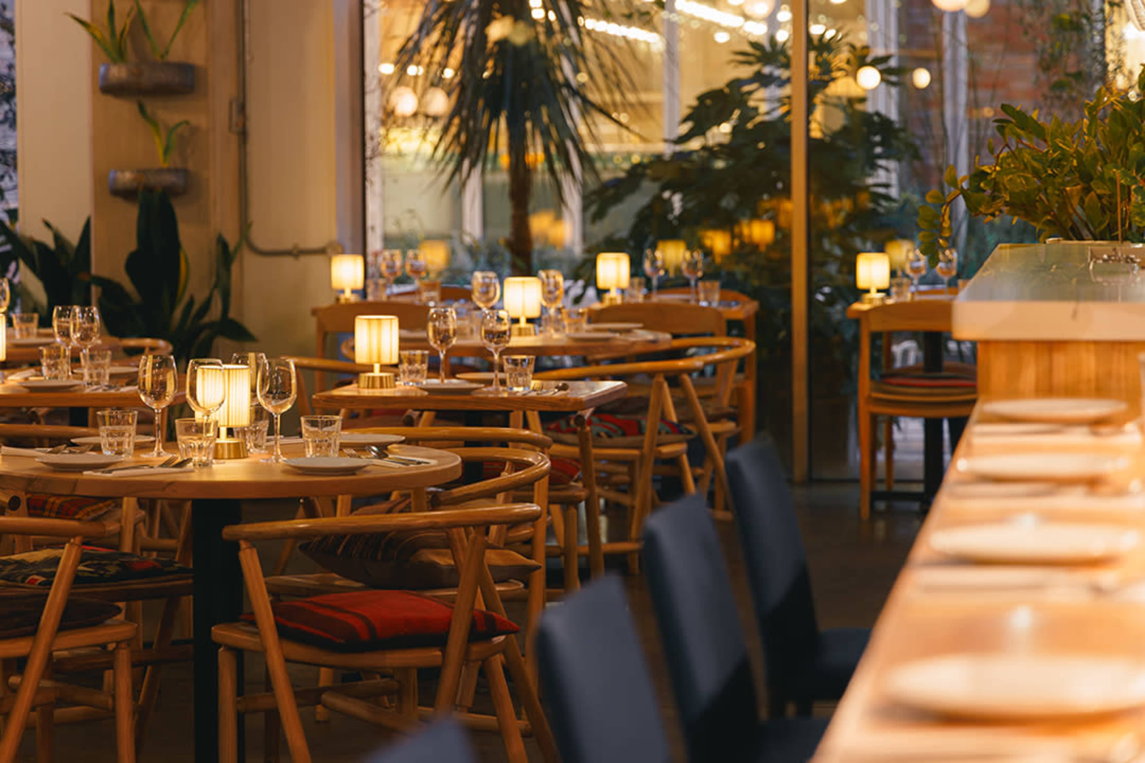 The image shows an indoor restaurant with wooden tables and chairs, softly lit by lamps, surrounded by greenery and large windows.