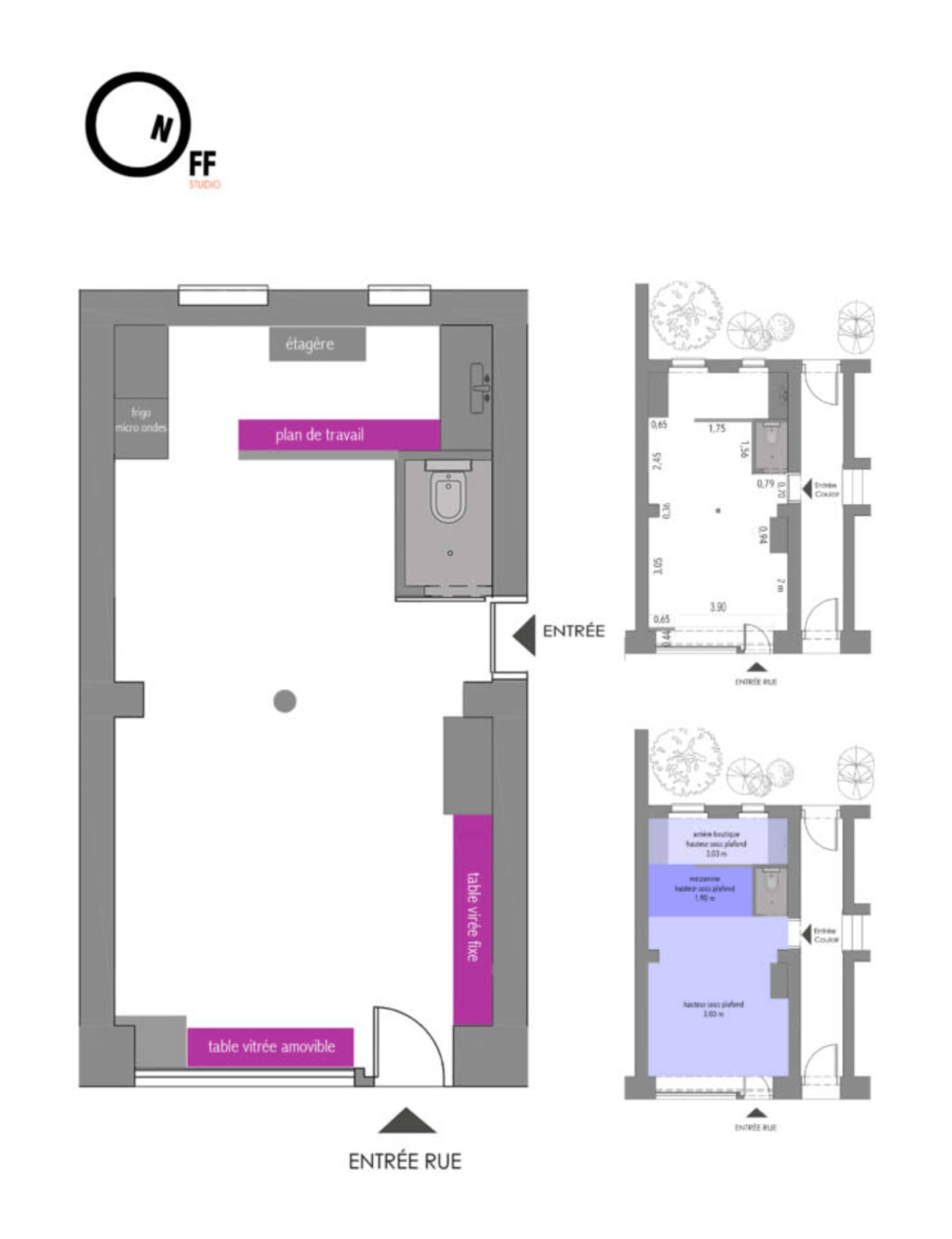 A floor plan with designated areas for entry, a workspace, and movable furniture.