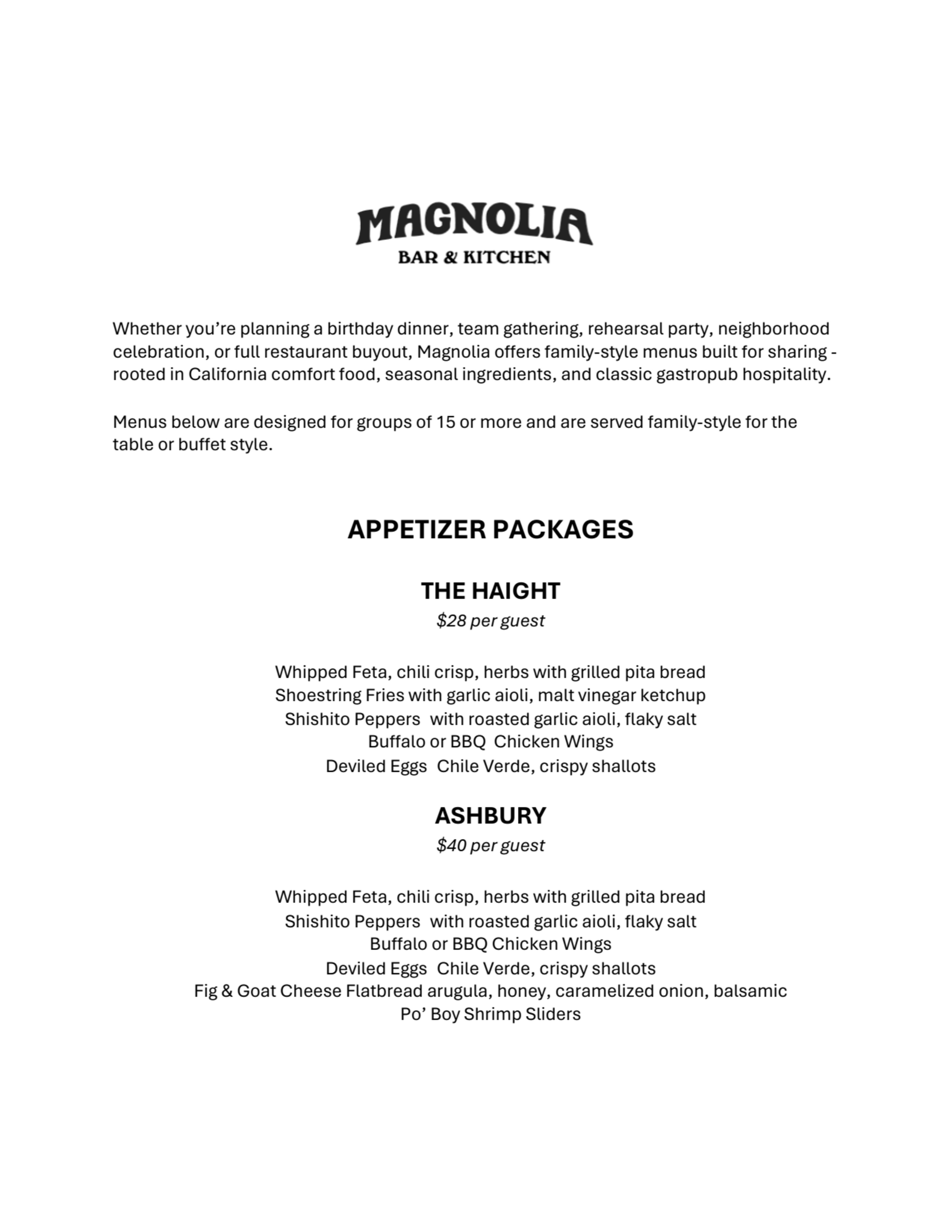 Menu offerings