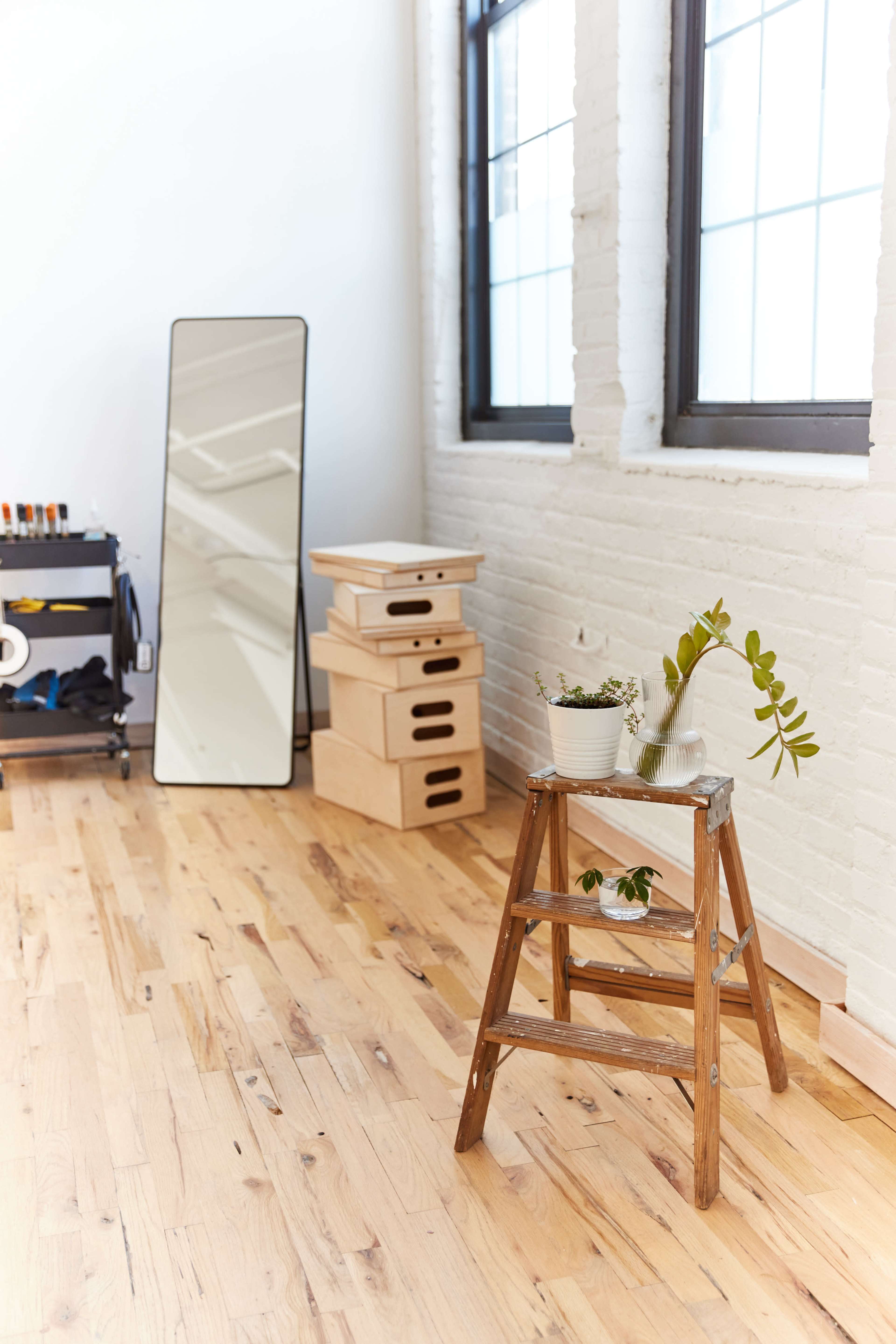 A wooden ladder stands beside a potted plant on a table in a bright, minimalistic room with large windows and wooden floors.