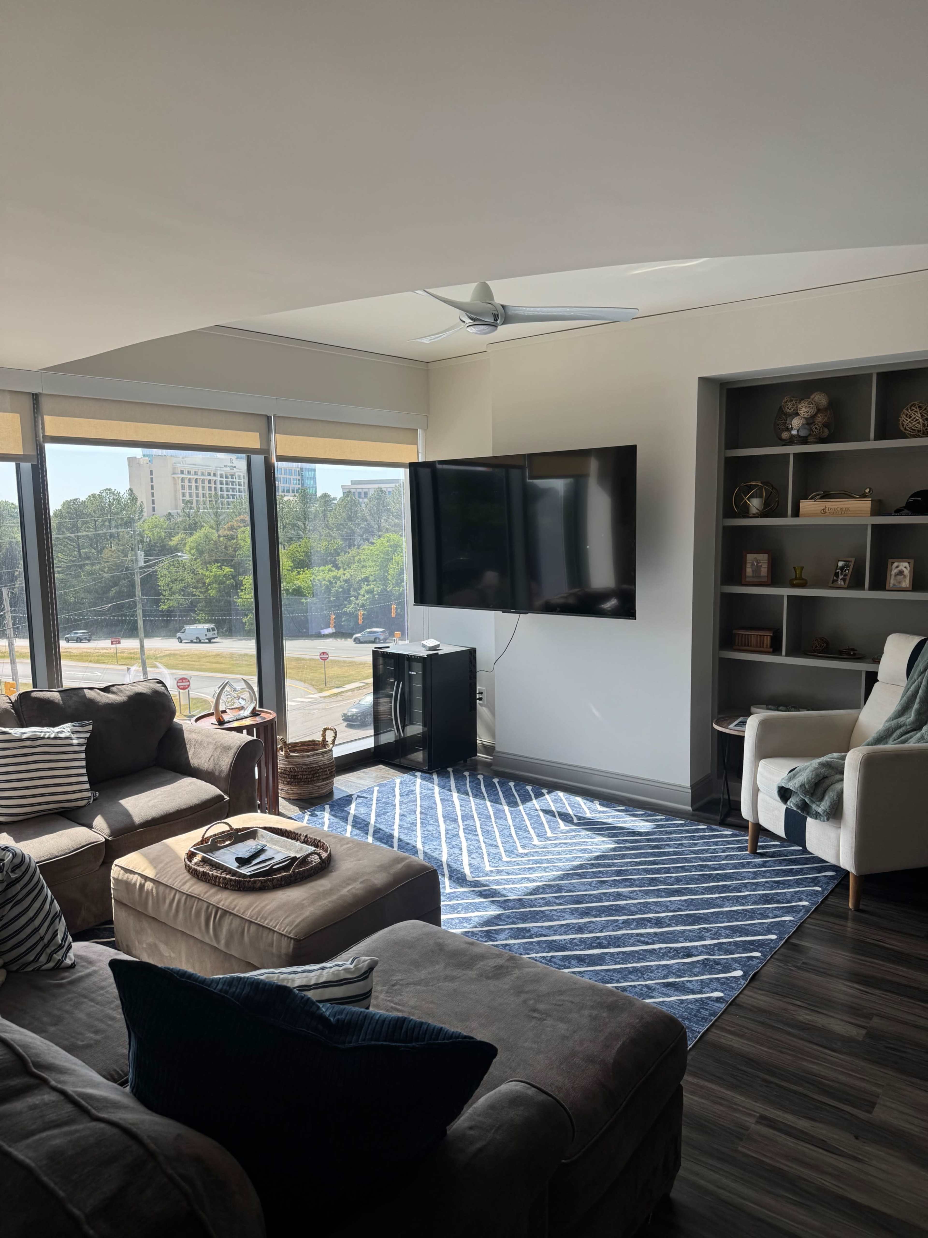 The image shows a modern living room with a television mounted on the wall, a blue striped area rug, and large windows providing a view of the outdoors.