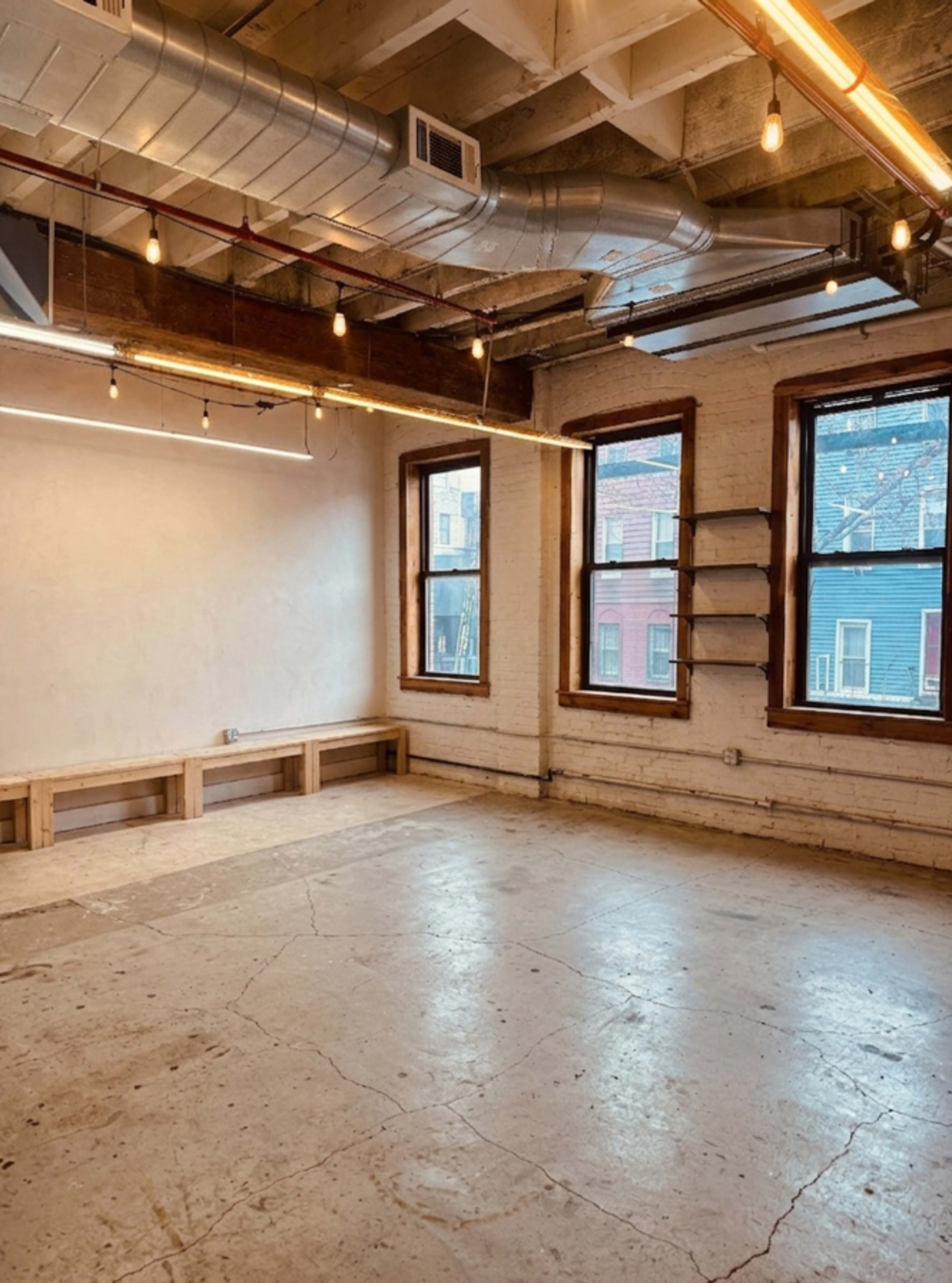 The image shows an empty room with concrete flooring, bare walls, two large windows, and exposed ceiling beams and ductwork.