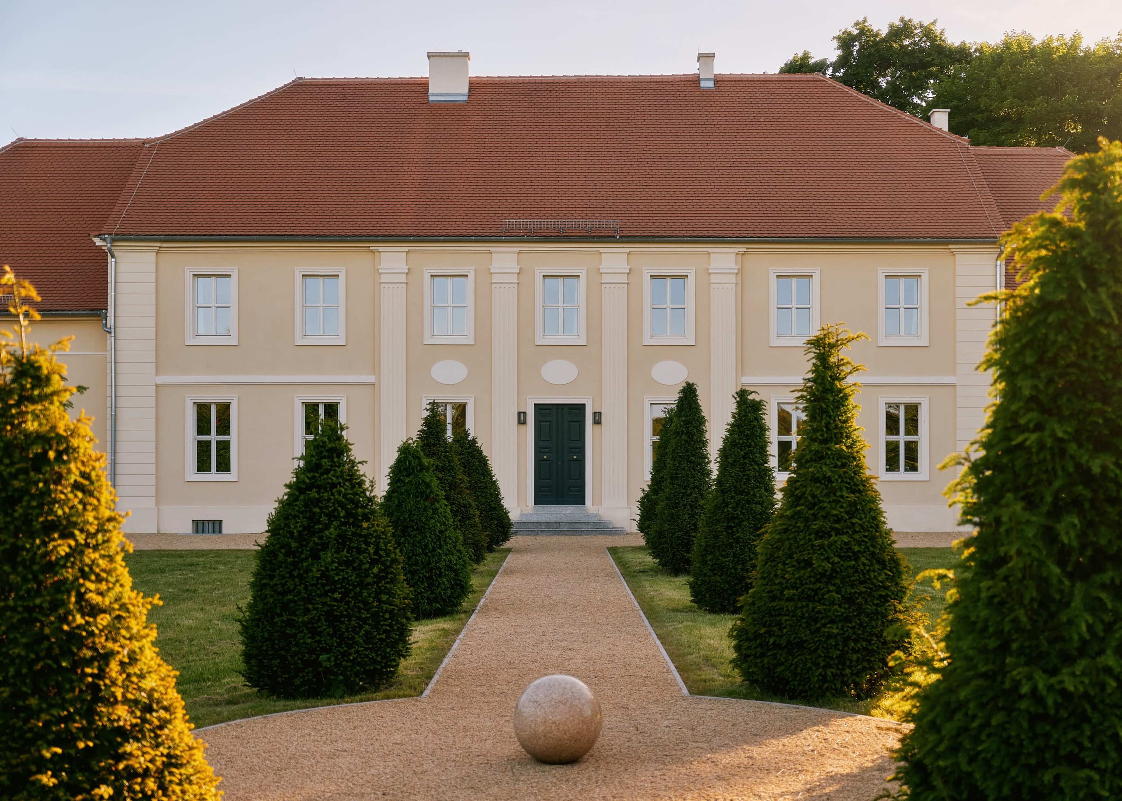 The image depicts a large, two-story house with a red tiled roof, flanked by neatly trimmed conical hedges, and a central path leading to a rounded stone sculpture.