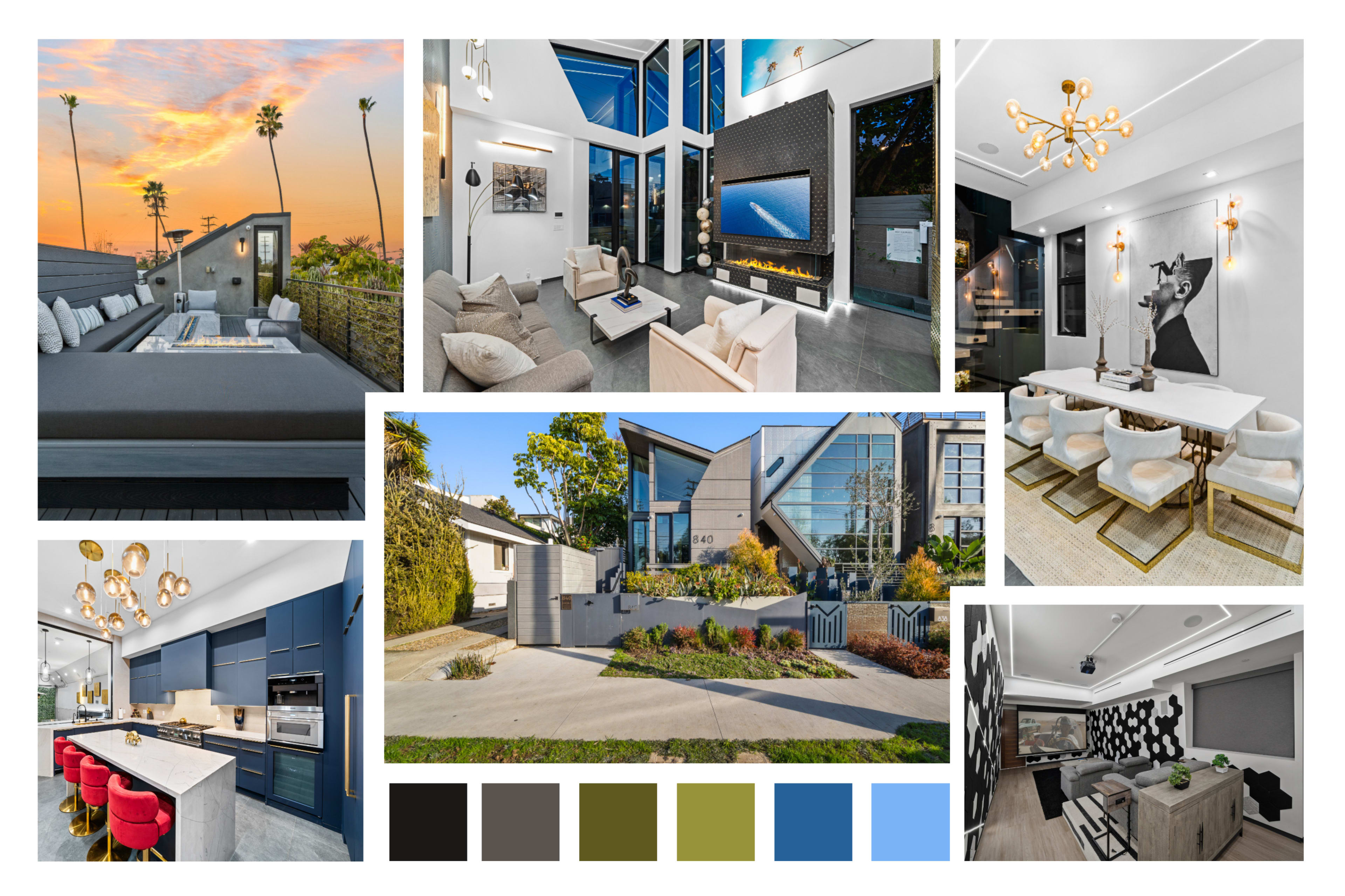 The image features a collage of modern home interiors and exteriors, showcasing a contemporary living space, a stylish kitchen, an elegant dining area, and an inviting outdoor terrace with views of a sunset.