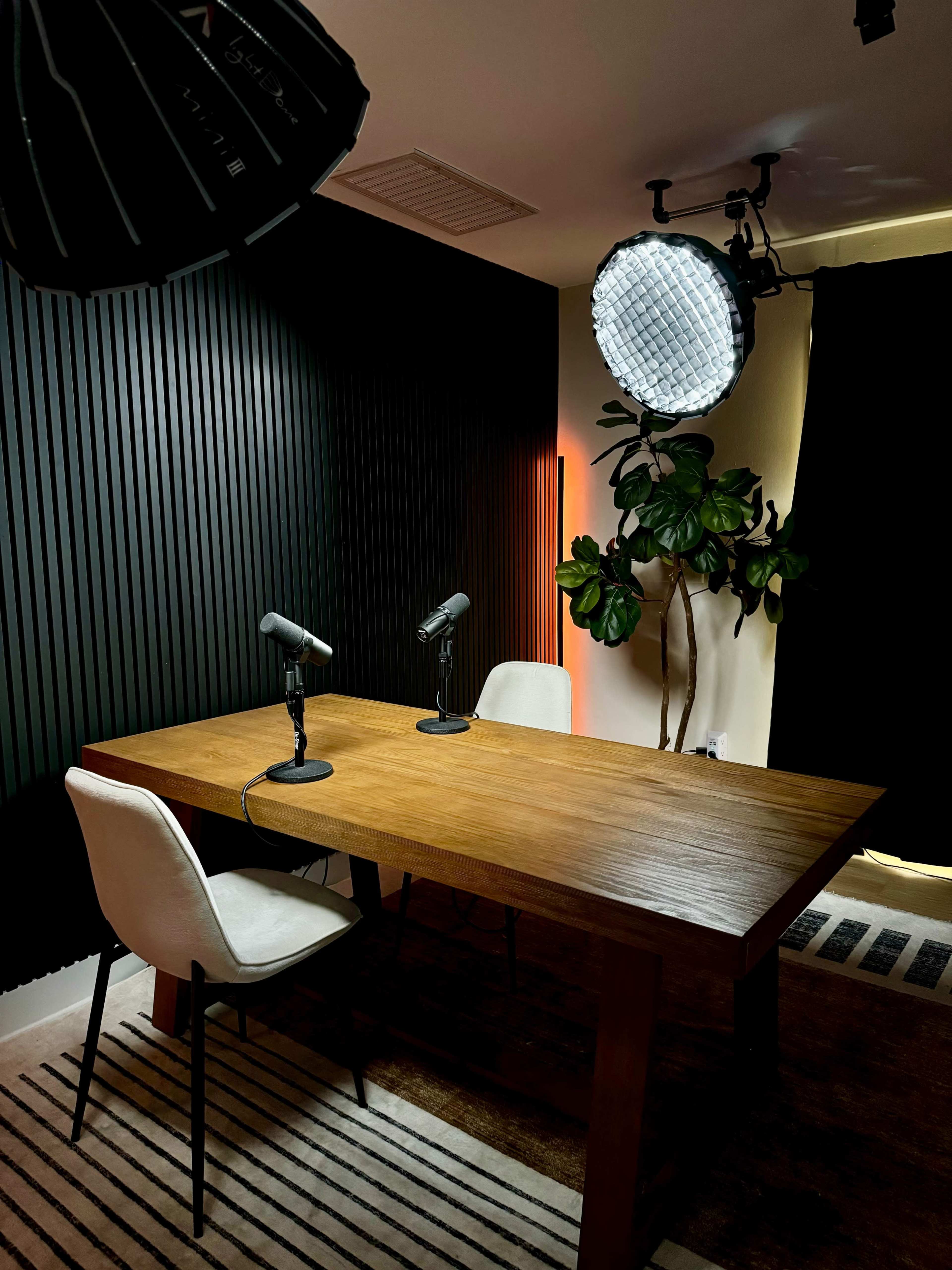 A podcast recording setup featuring a wooden table with two microphones, chairs, and a large light fixture, surrounded by a dark, textured backdrop and a potted plant.