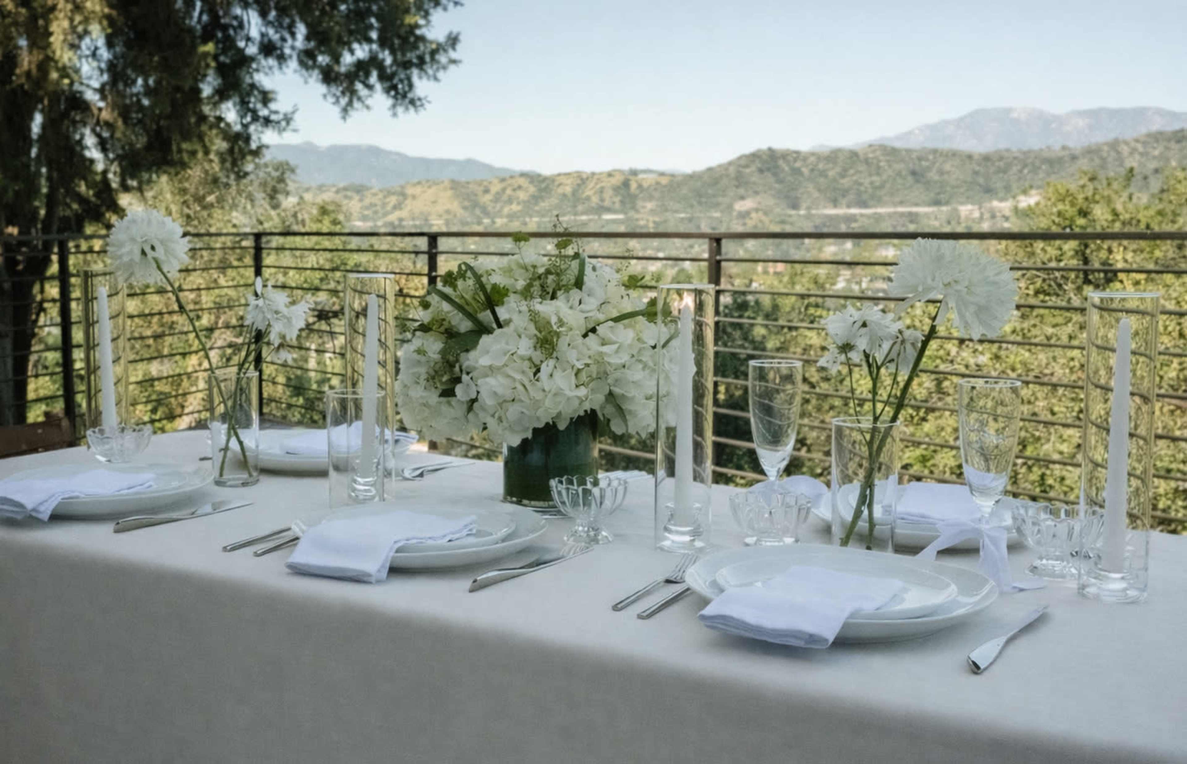 A set dining table with white tablecloth, plates, glassware, and flower arrangements overlooks a scenic mountain view.