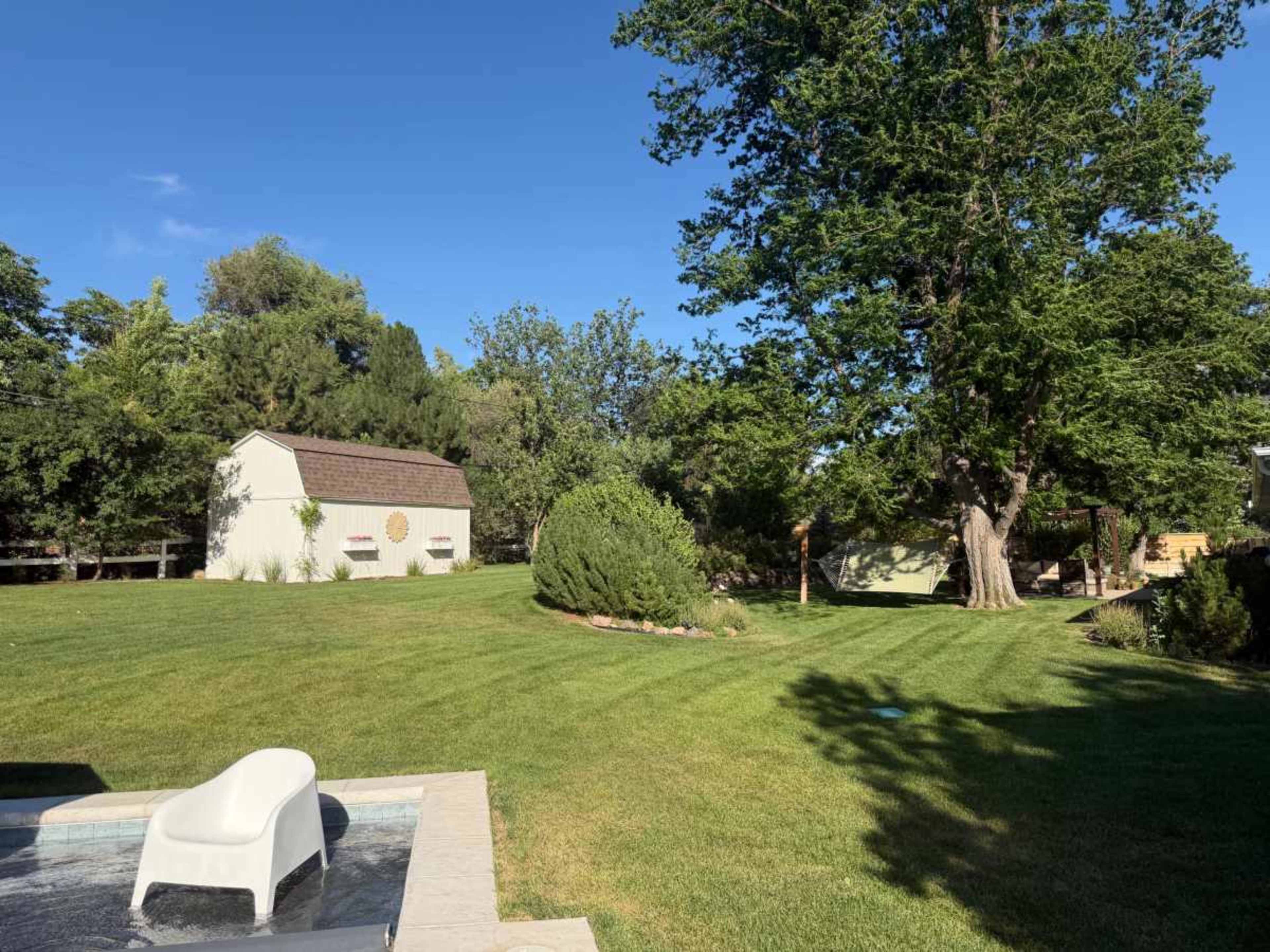 A manicured lawn features a white shed and large trees under a clear blue sky.