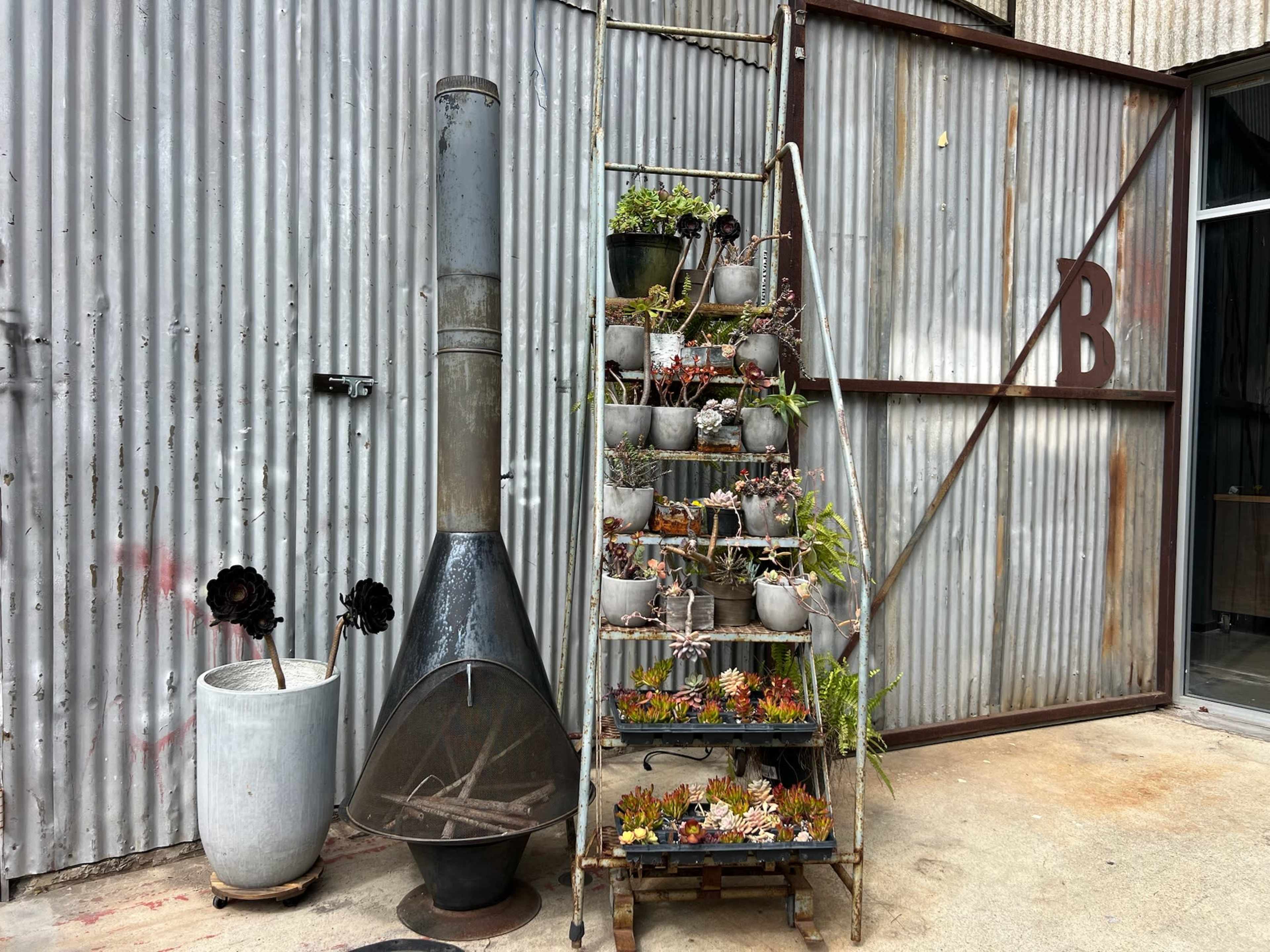 A metal ladder displays potted plants alongside a chiminea in front of a corrugated metal wall.