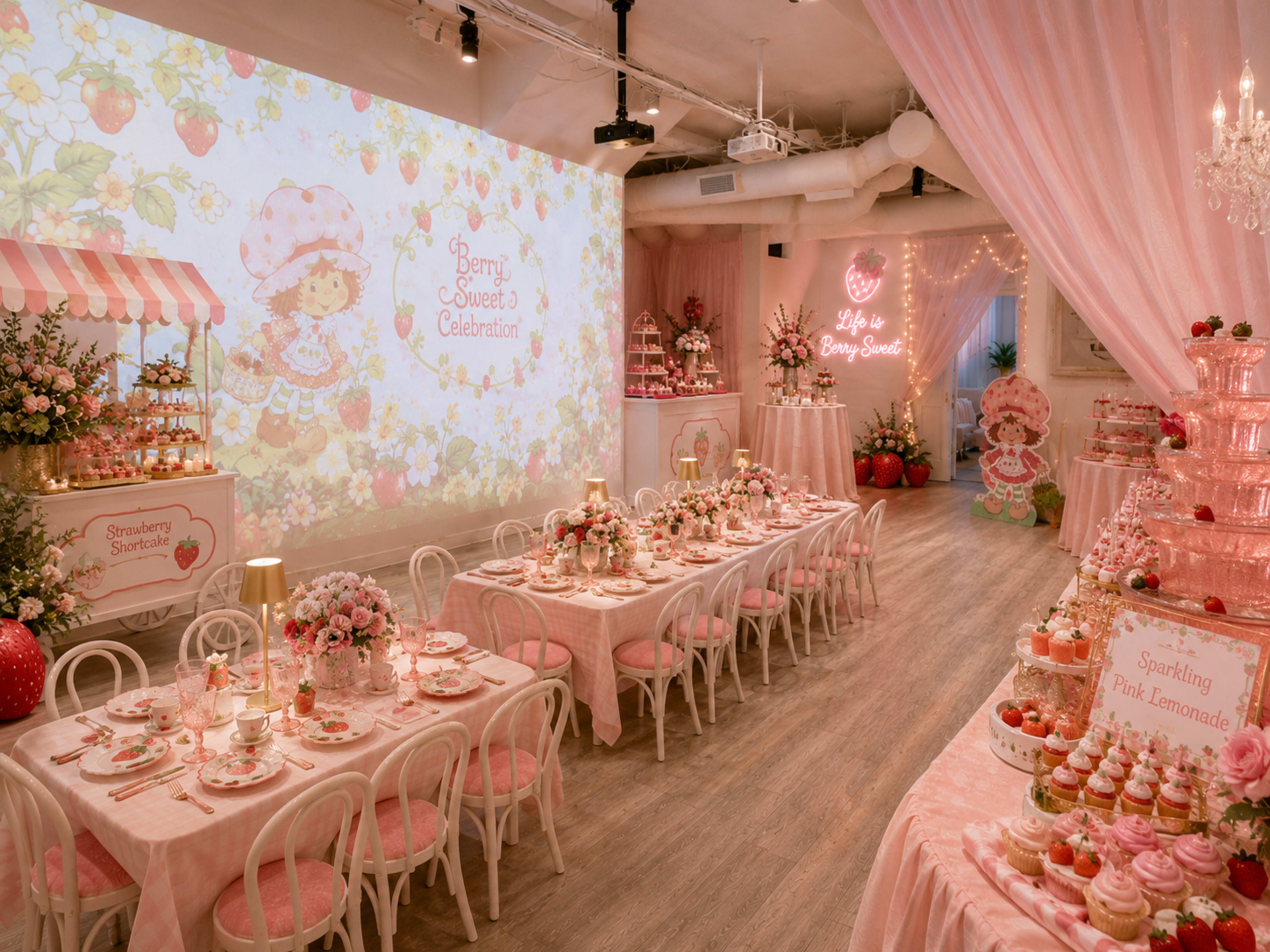 The scene depicts a decorated event space for a strawberry-themed celebration, featuring pink tables adorned with floral centerpieces and various desserts displayed prominently.