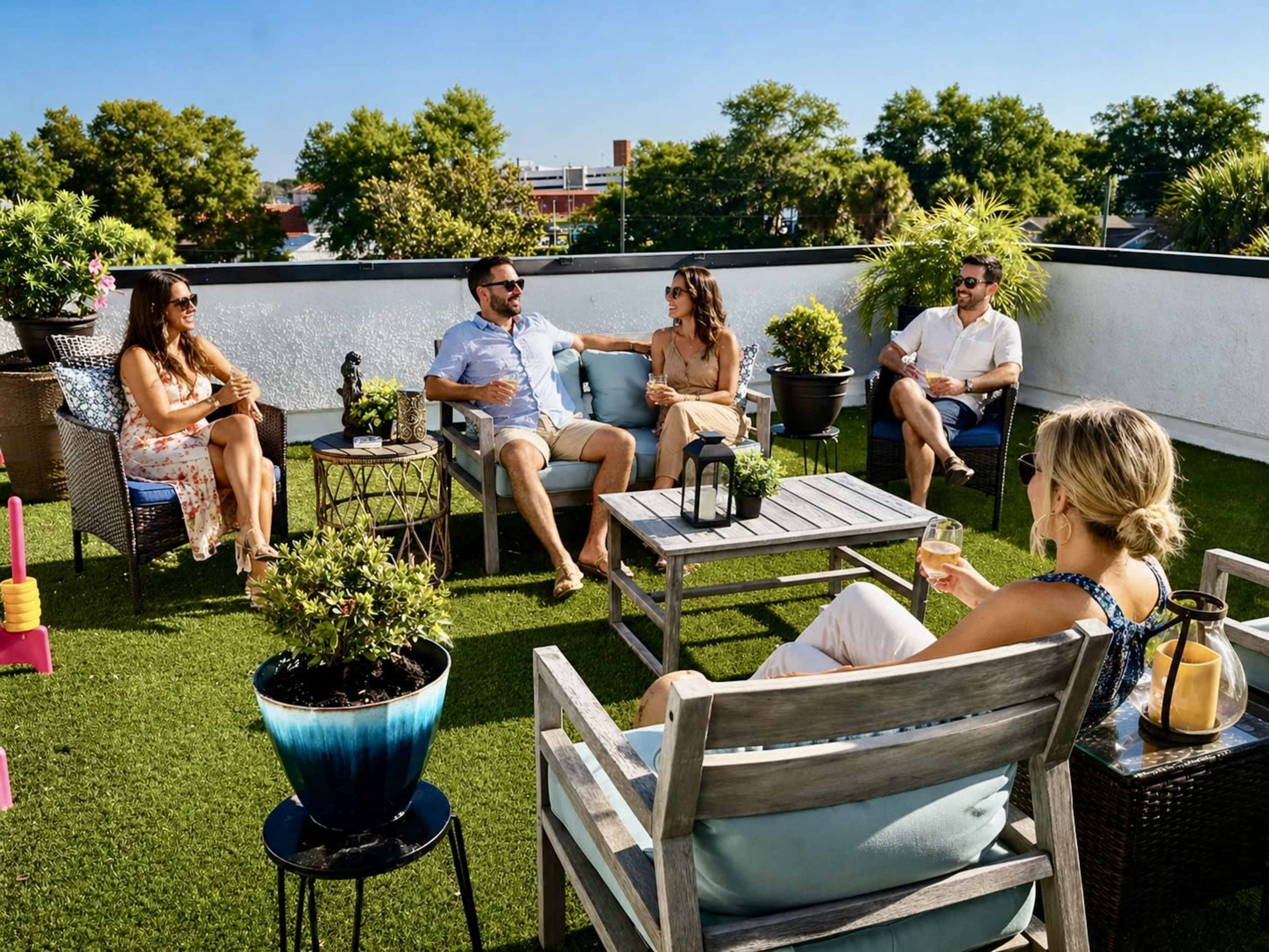 A group of five people relax on a rooftop garden, sitting on outdoor furniture surrounded by potted plants under a clear blue sky.
