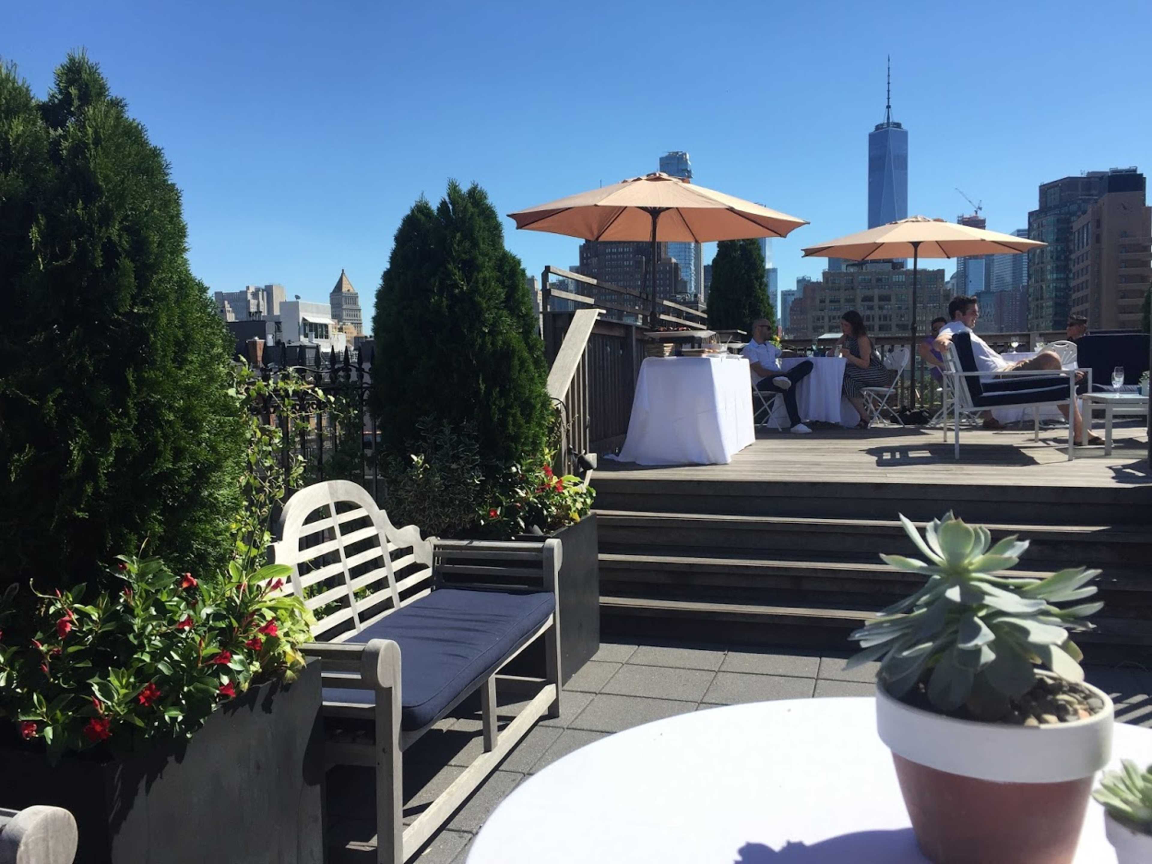 The image shows a rooftop terrace with potted plants and umbrellas, overlooking city buildings, including a tall skyscraper in the background.