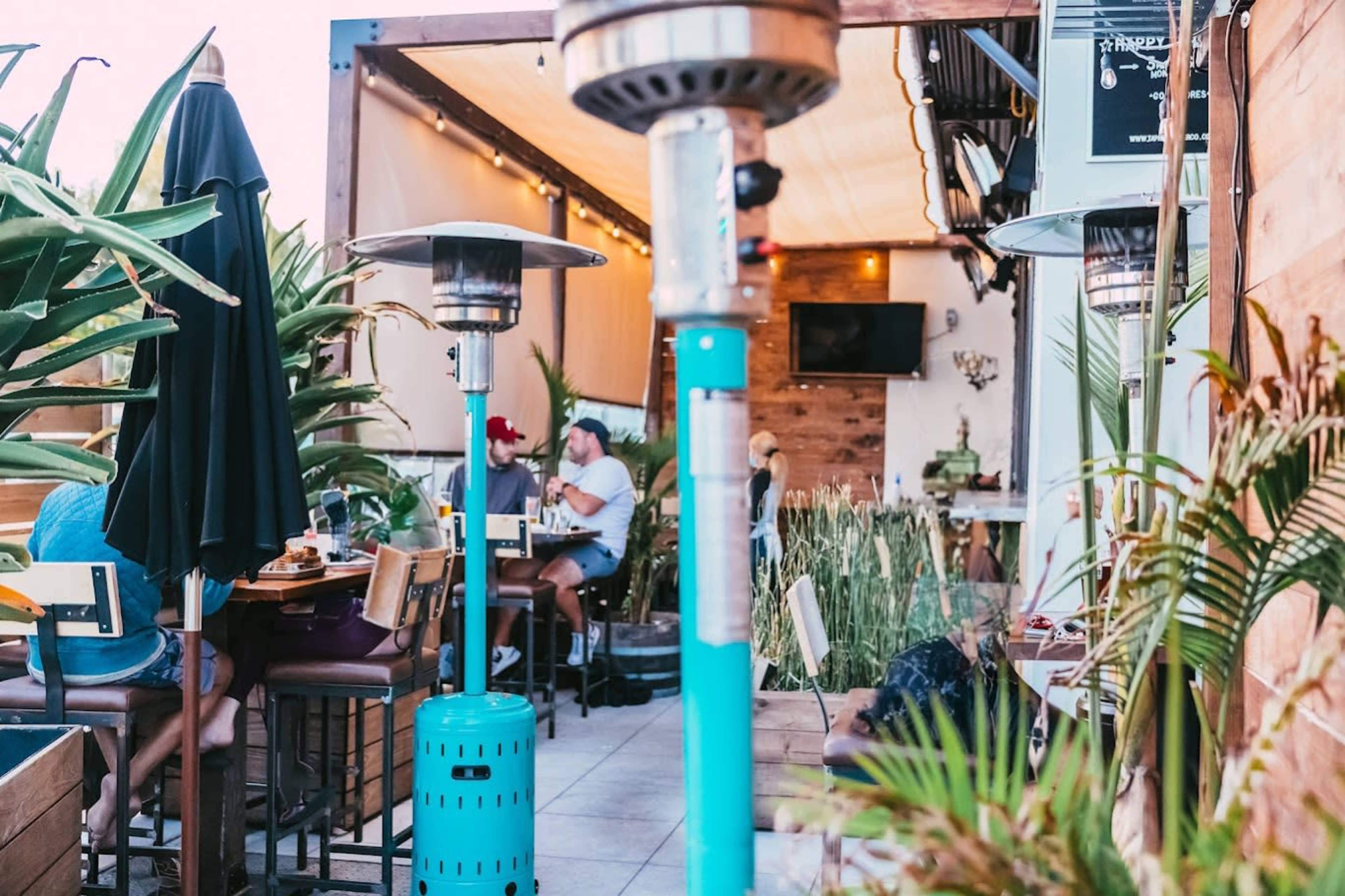 A dining area with outdoor heaters features tables, plants, and patrons engaged in conversation.