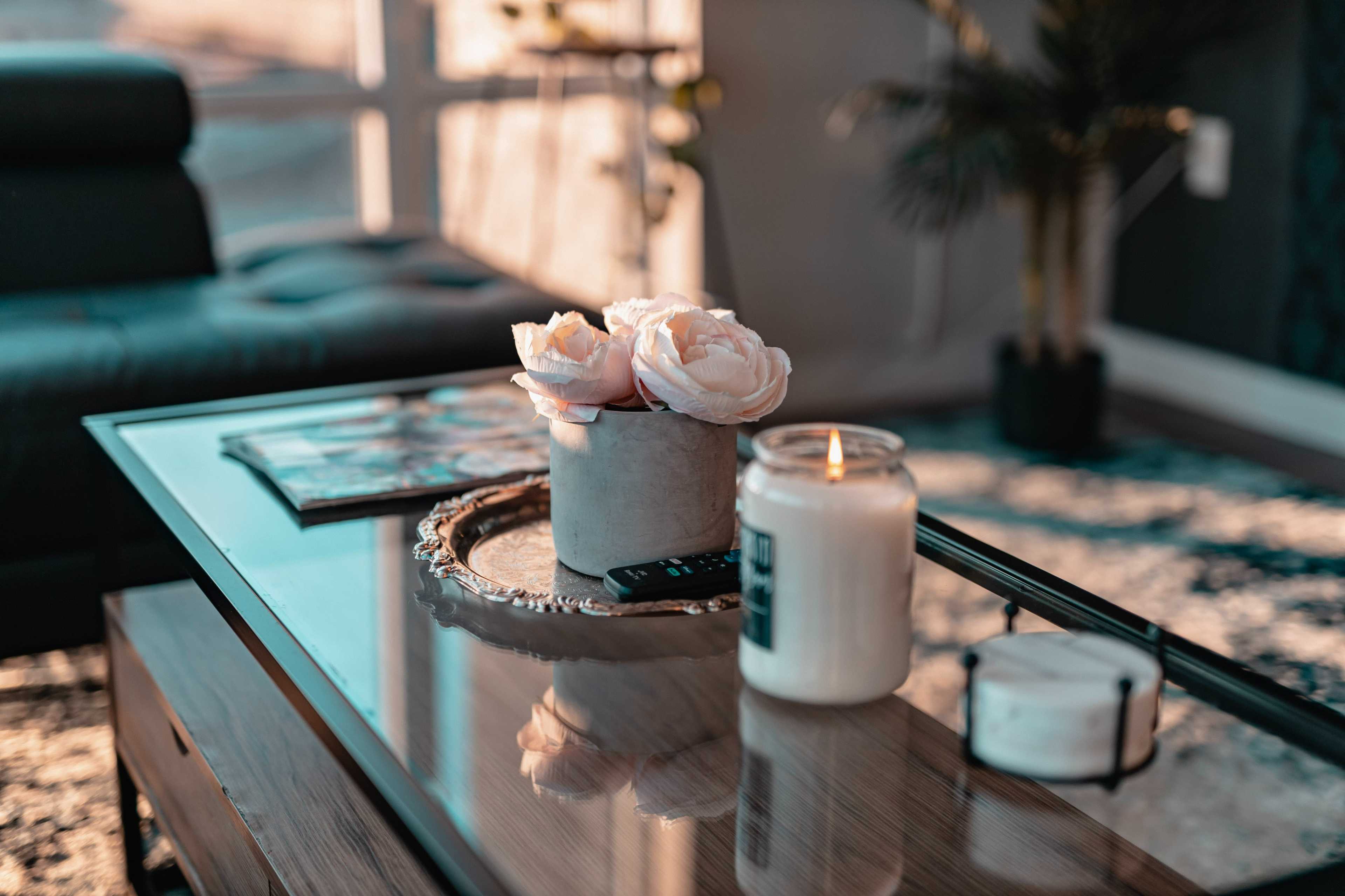 A coffee table with a candle, a small potted flower arrangement, and magazines reflects sunlight in a modern living room.