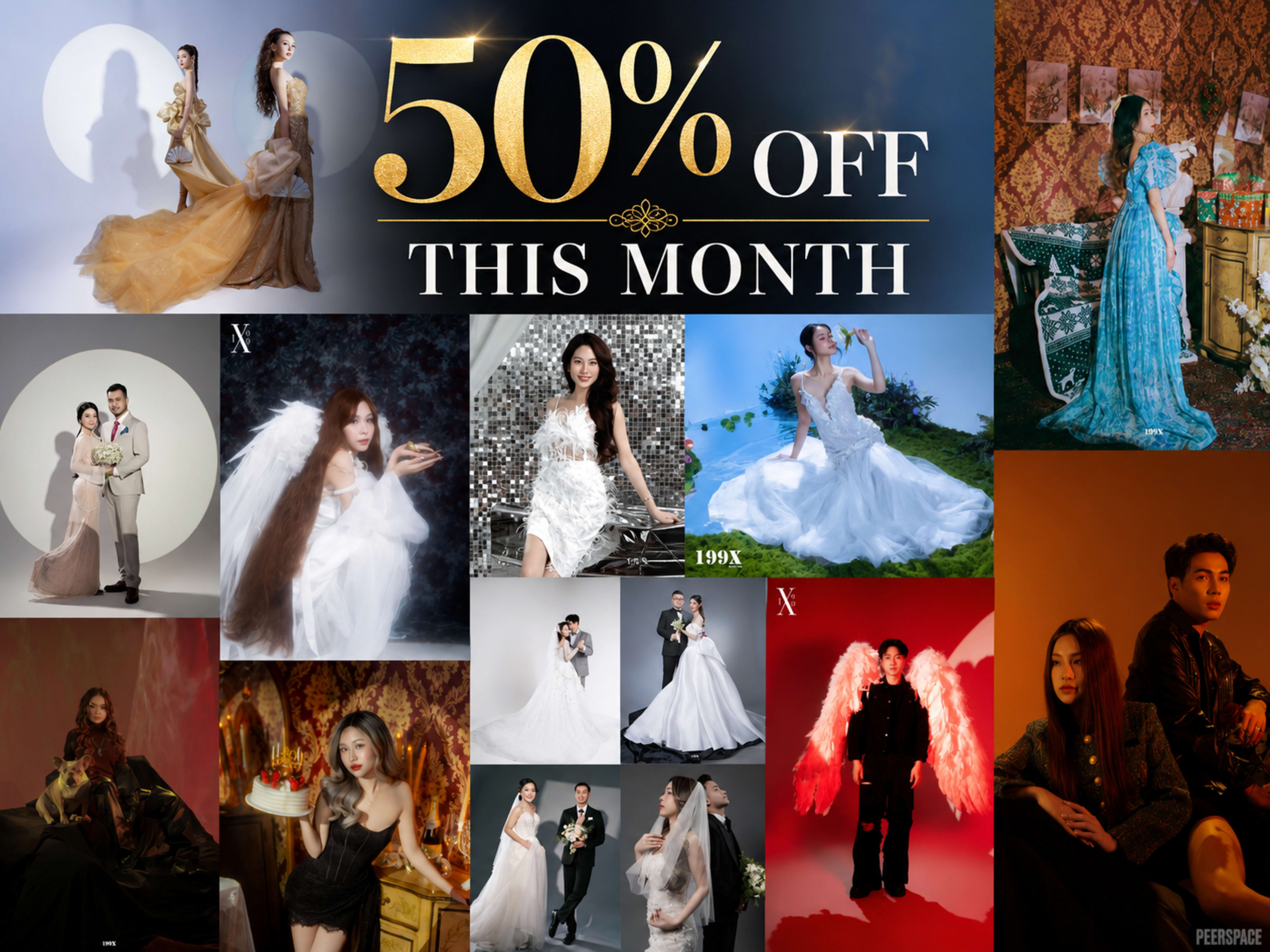 The image showcases a collage of various fashion models in elegant dresses, promotions for a photography event, and a large text banner highlighting a "50% OFF THIS MONTH" offer.