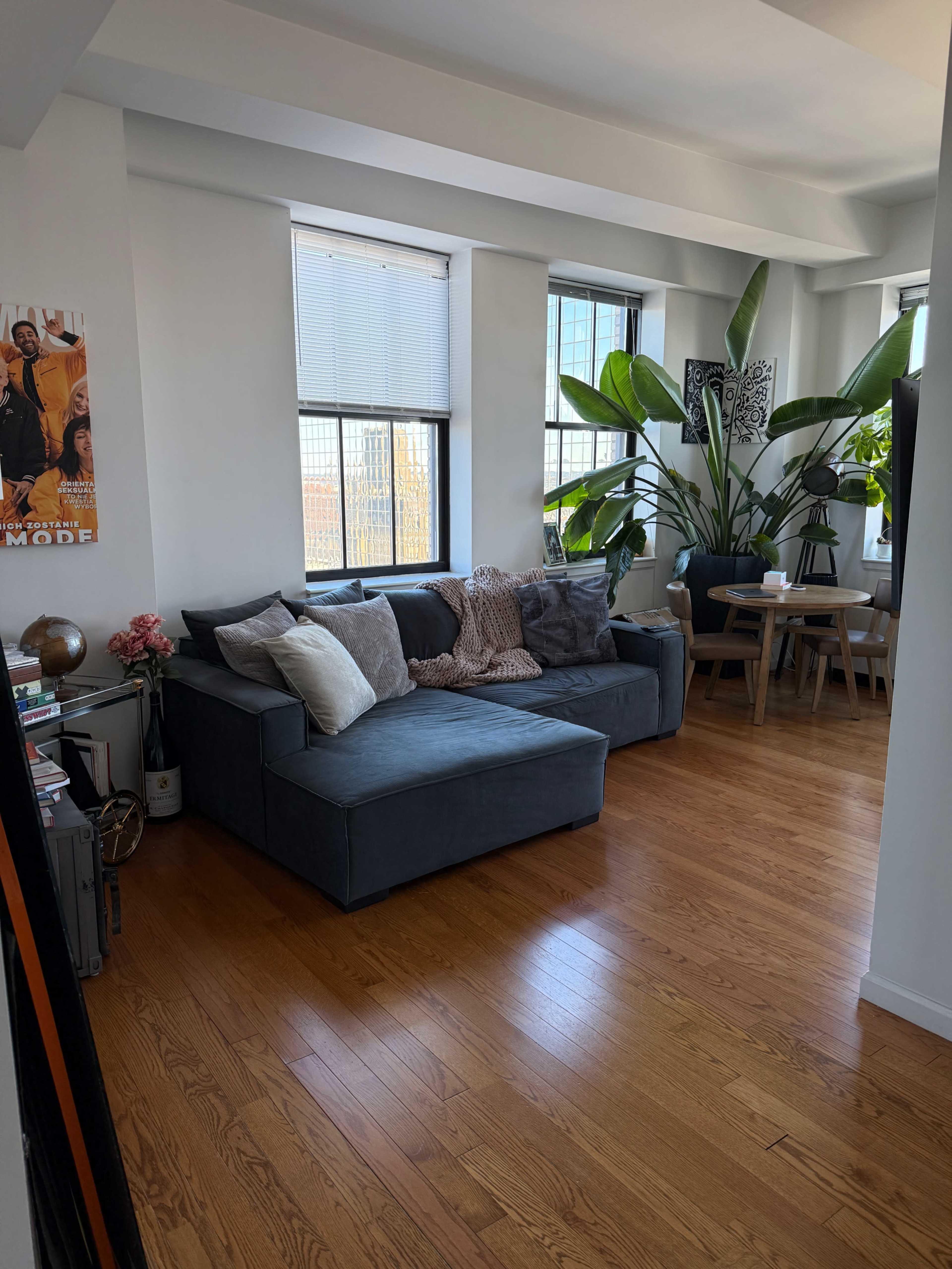 A gray sectional couch with various cushions is positioned in a bright, modern living room alongside large indoor plants and a small dining table.
