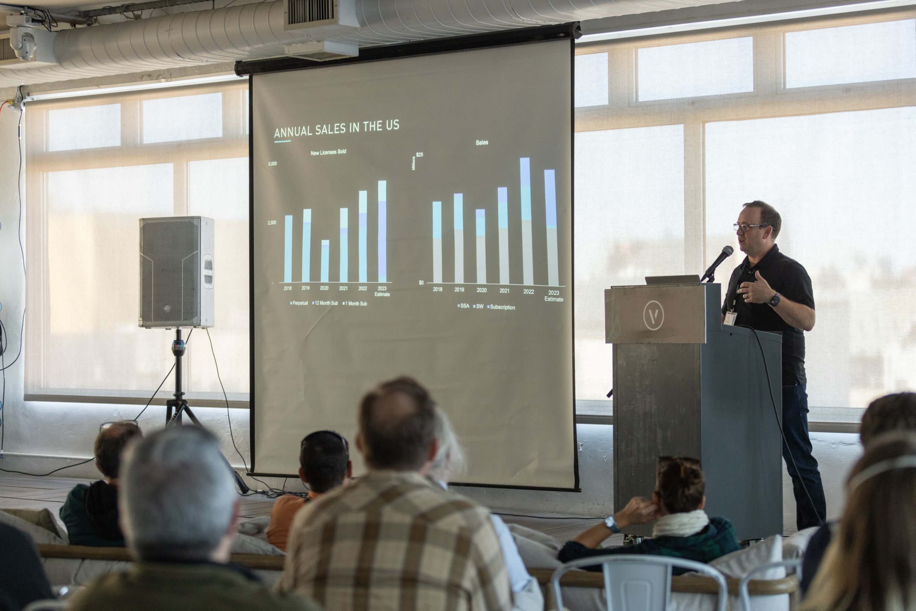 A speaker presents a chart on annual sales in the US to an audience seated in a well-lit room.
