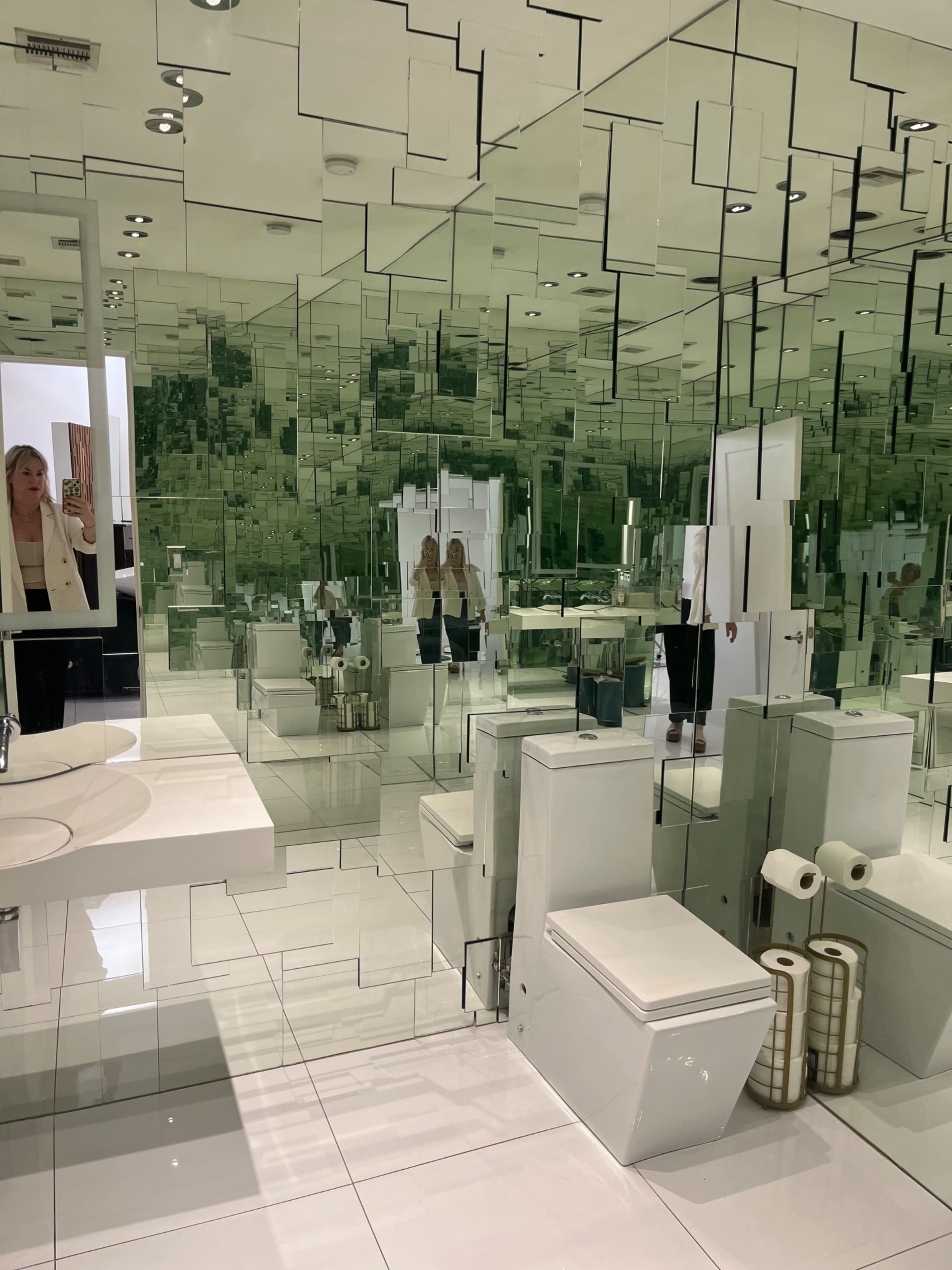 The image shows a modern bathroom with mirrored walls, a white countertop, a toilet, and neatly arranged rolls of toilet paper.