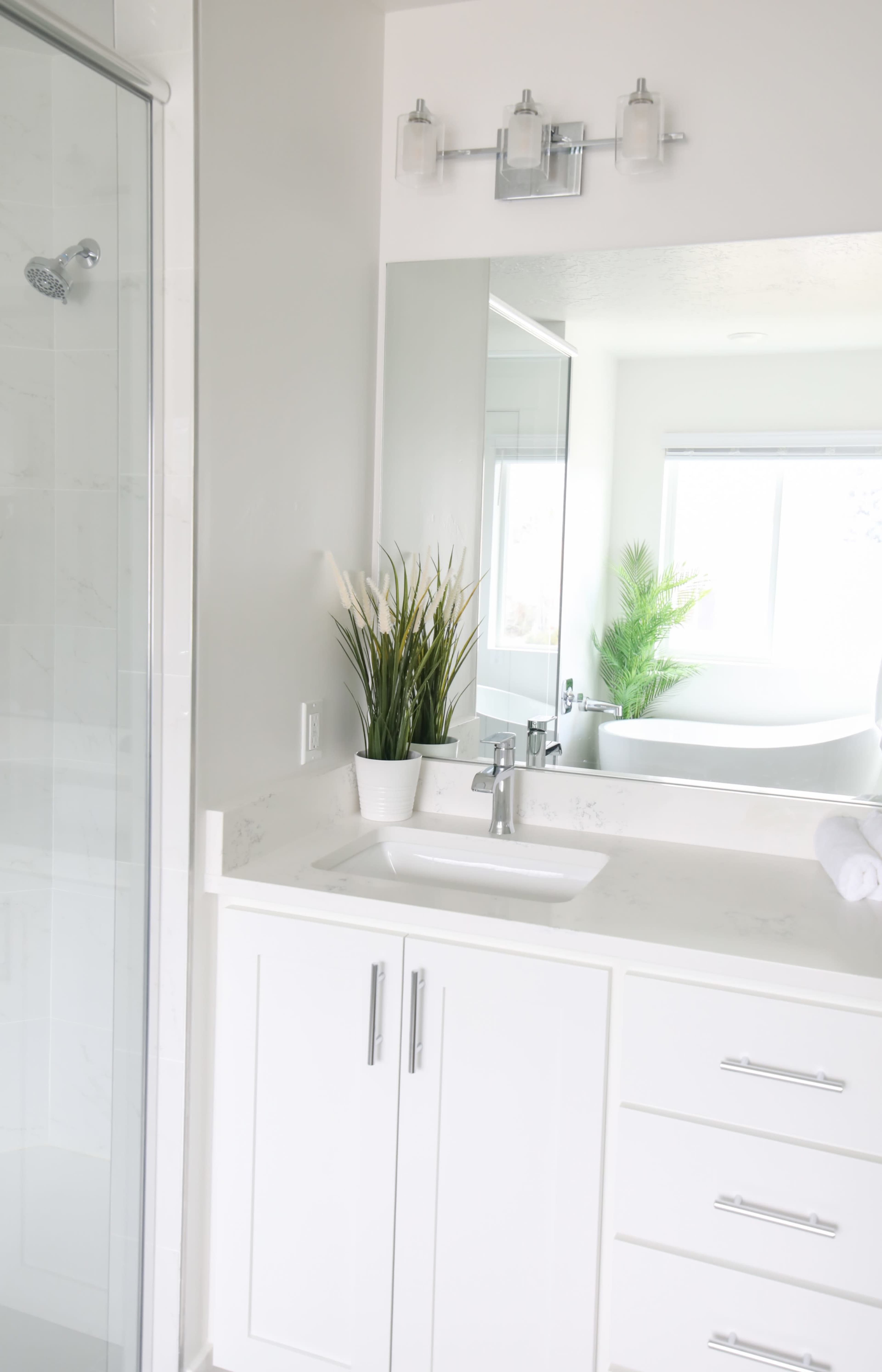 A bright, modern bathroom featuring a glass shower, a white vanity with a sink, and a potted plant on the countertop.