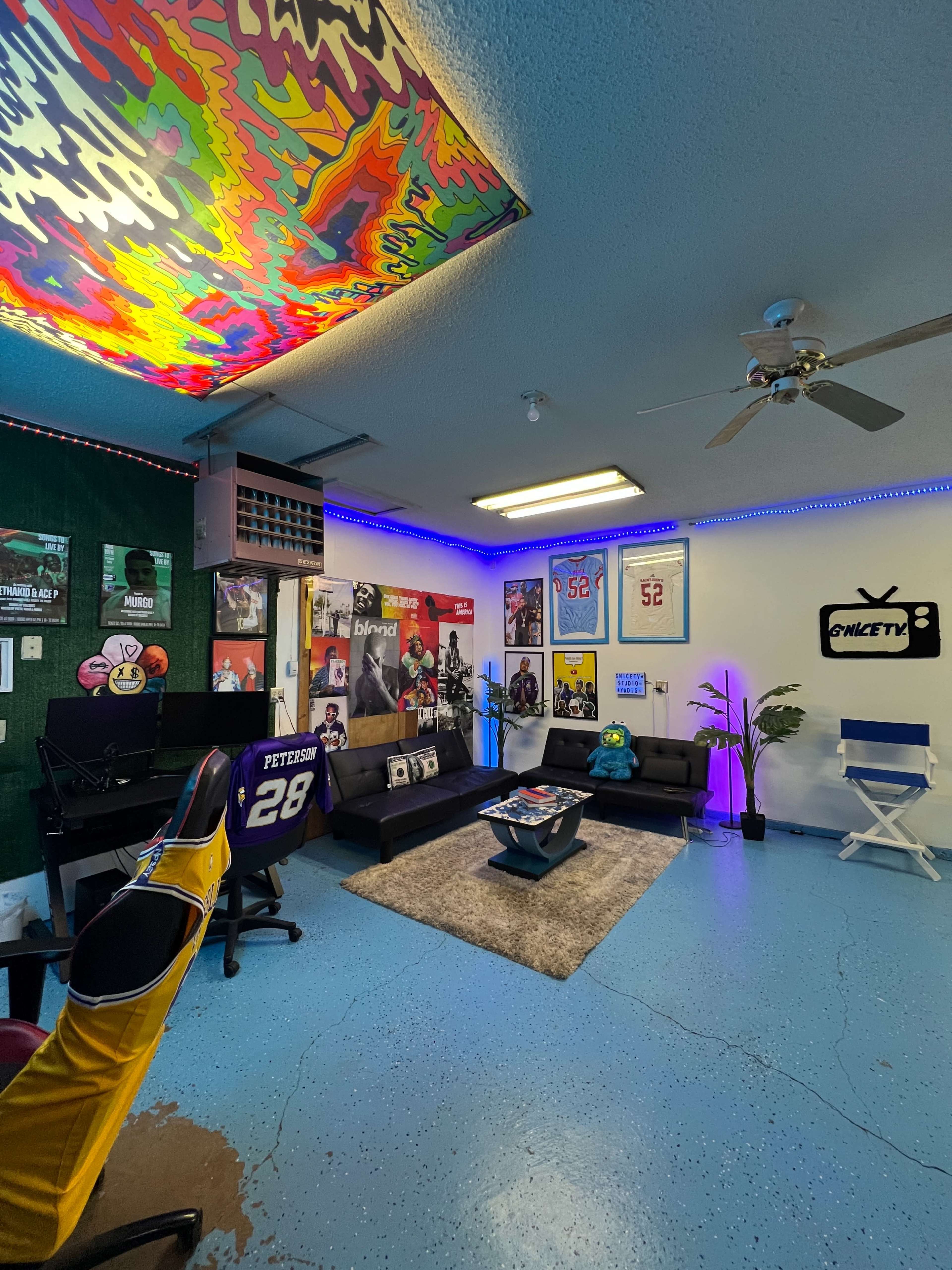 The image shows a room with colorful ceiling art, several framed posters on the walls, dark couches, and a few decorative elements like plants and lighting.