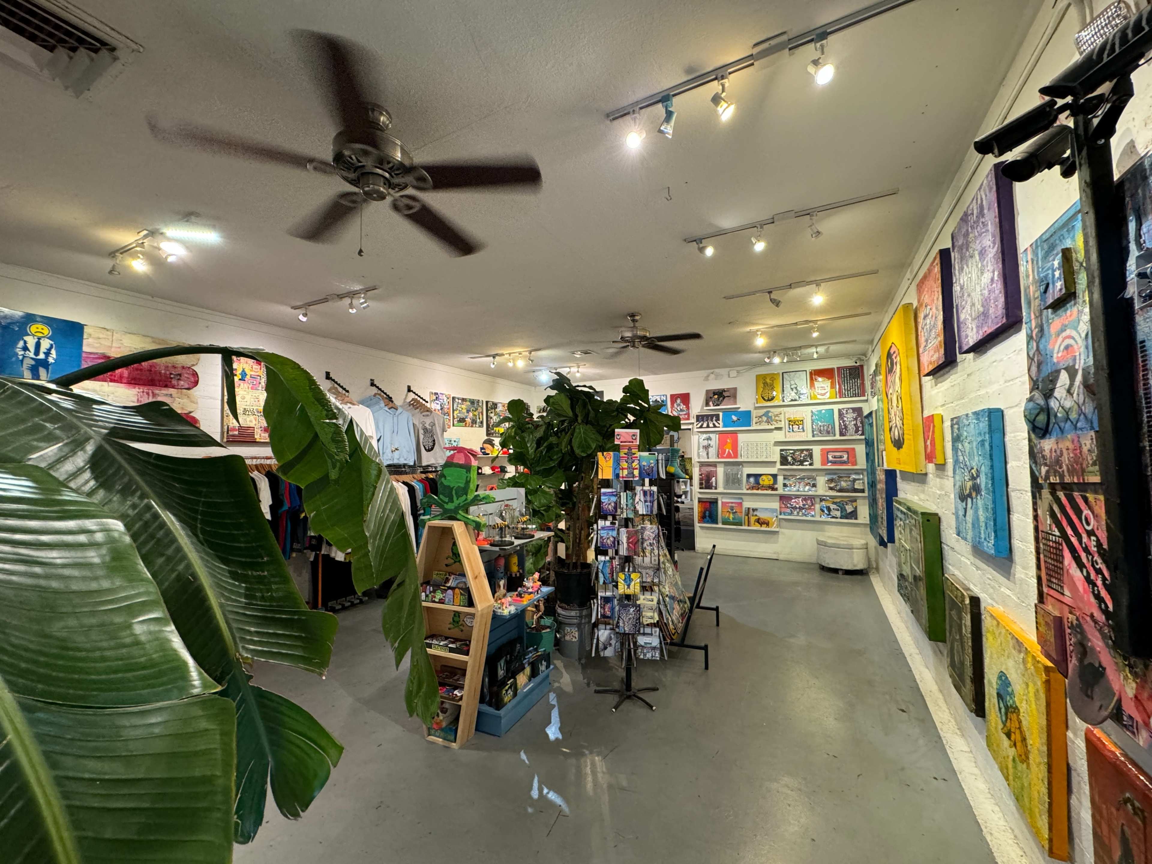 The image shows an art and merchandise store featuring colorful paintings on the walls, clothing on display, and a variety of items arranged on shelves.