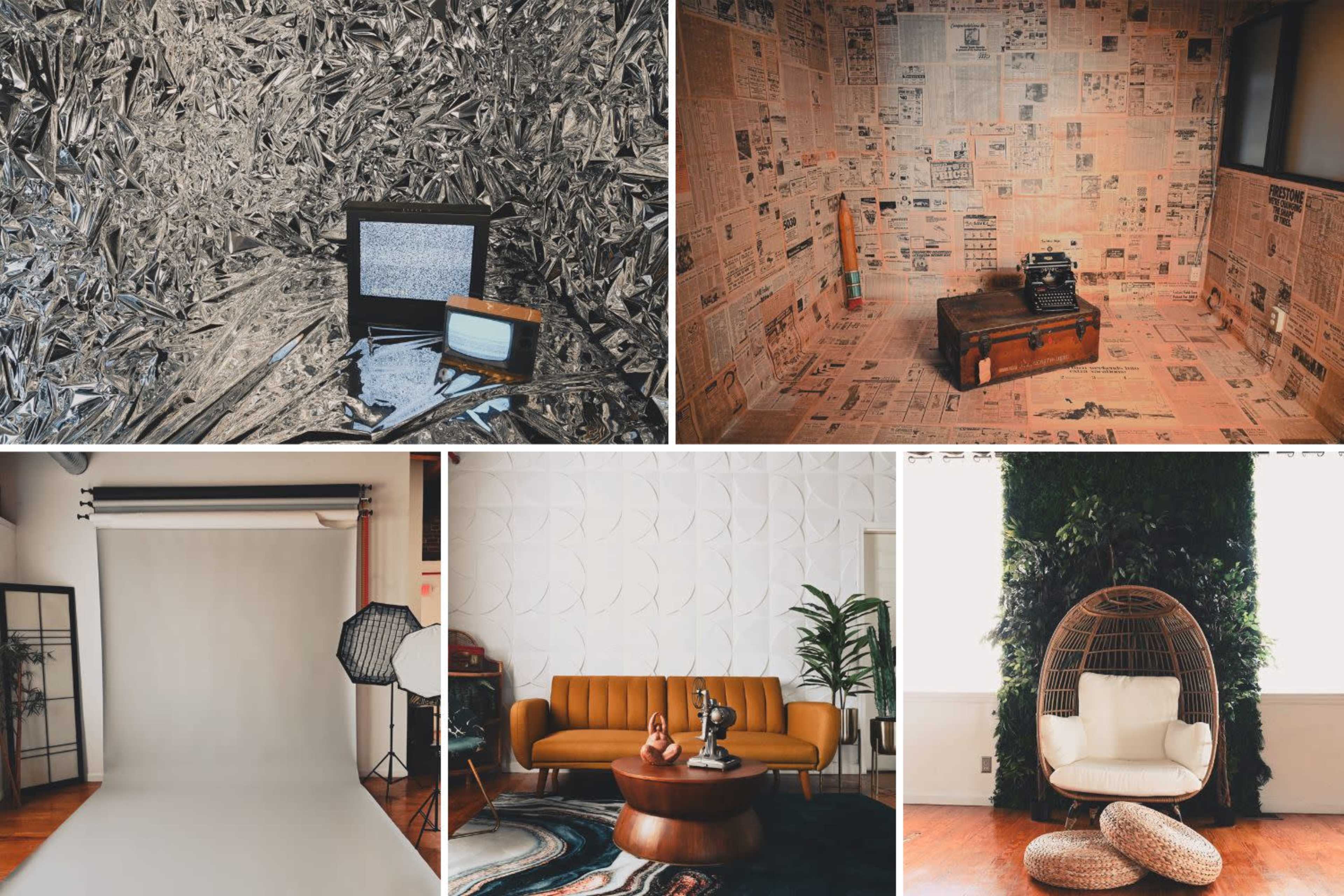 Five distinct interior scenes, including a cluttered space with old newspapers, a vintage television, a styled photography studio, a modern living area with an orange sofa, and a cozy corner with a hanging chair surrounded by greenery.
