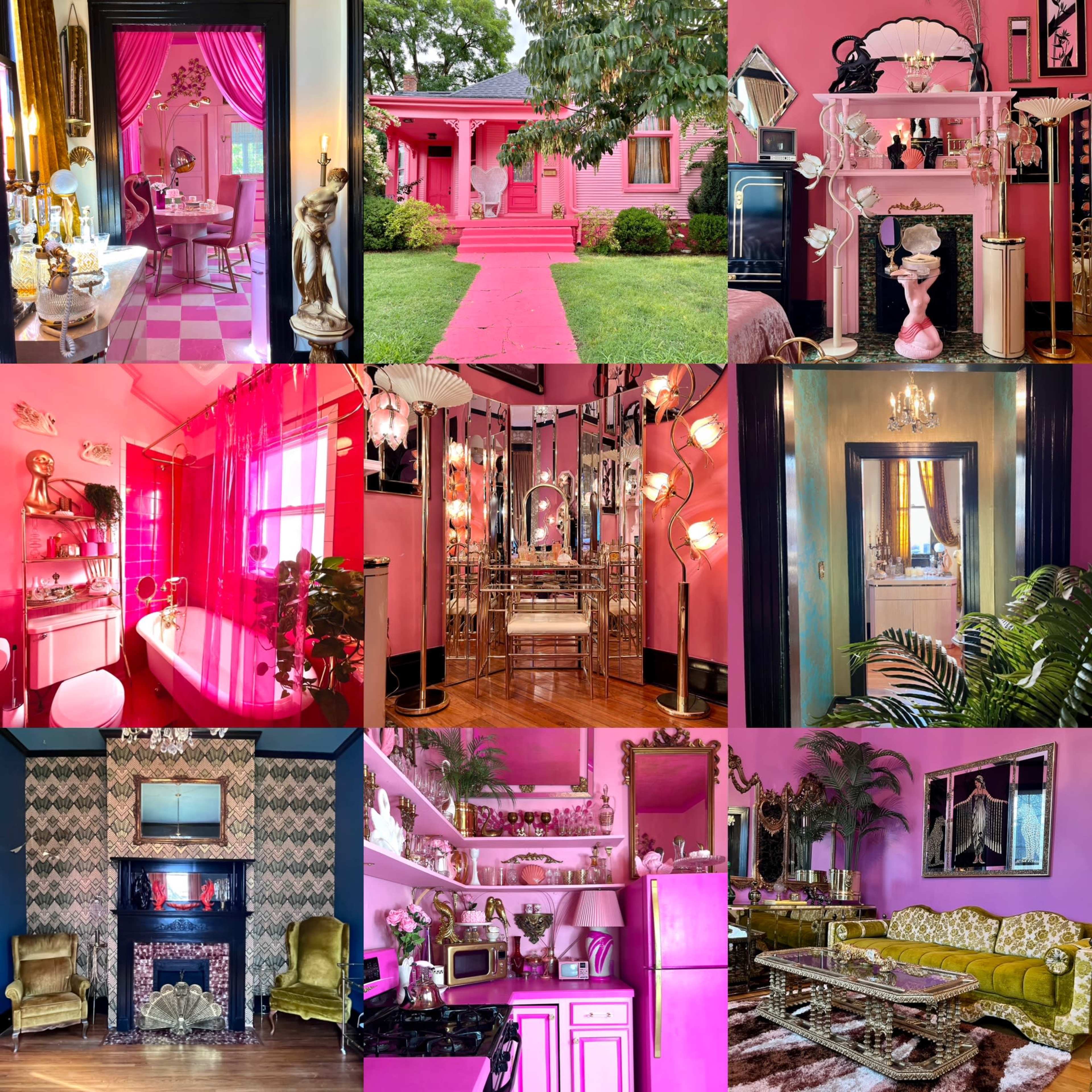 The image features a collage of rooms and exteriors, all characterized by vibrant pink decor and furnishings, showcasing various styles and arrangements in residential spaces.