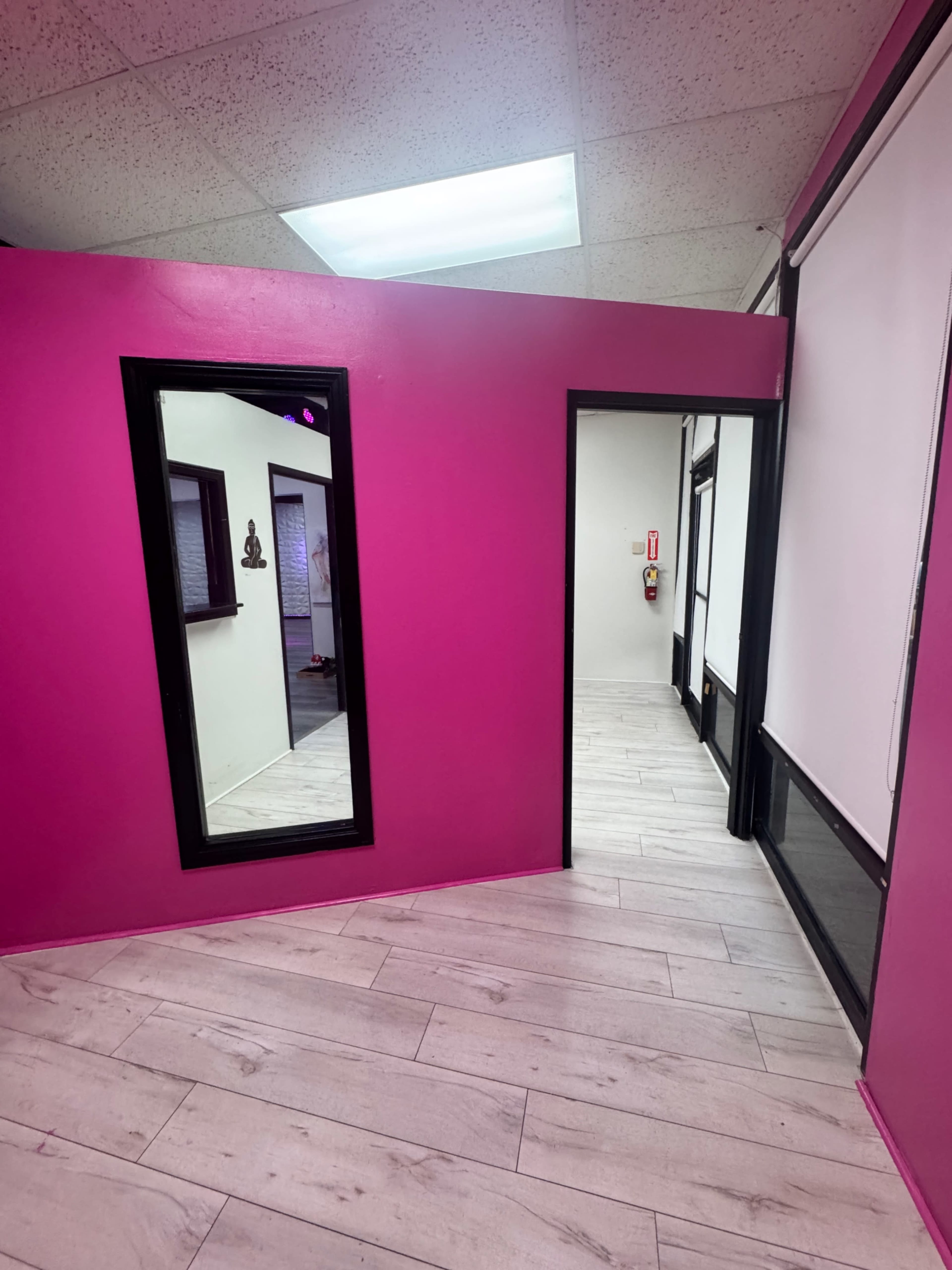 The image shows a hallway with a vibrant pink wall on one side, a full-length mirror, and doors leading to other rooms.