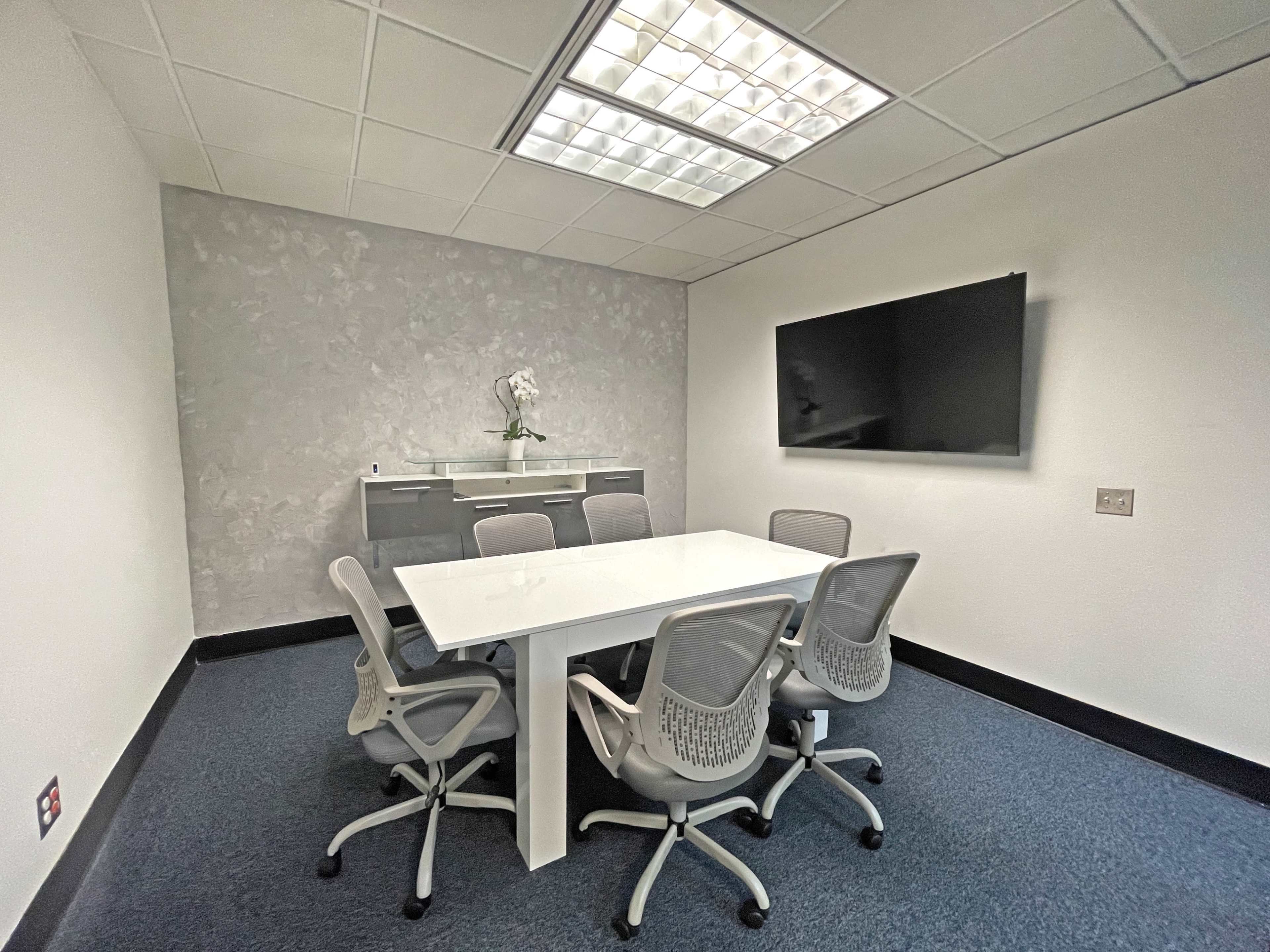 A modern conference room featuring a white table surrounded by five gray chairs, a wall-mounted television, and a light-colored textured wall with a decorative plant.