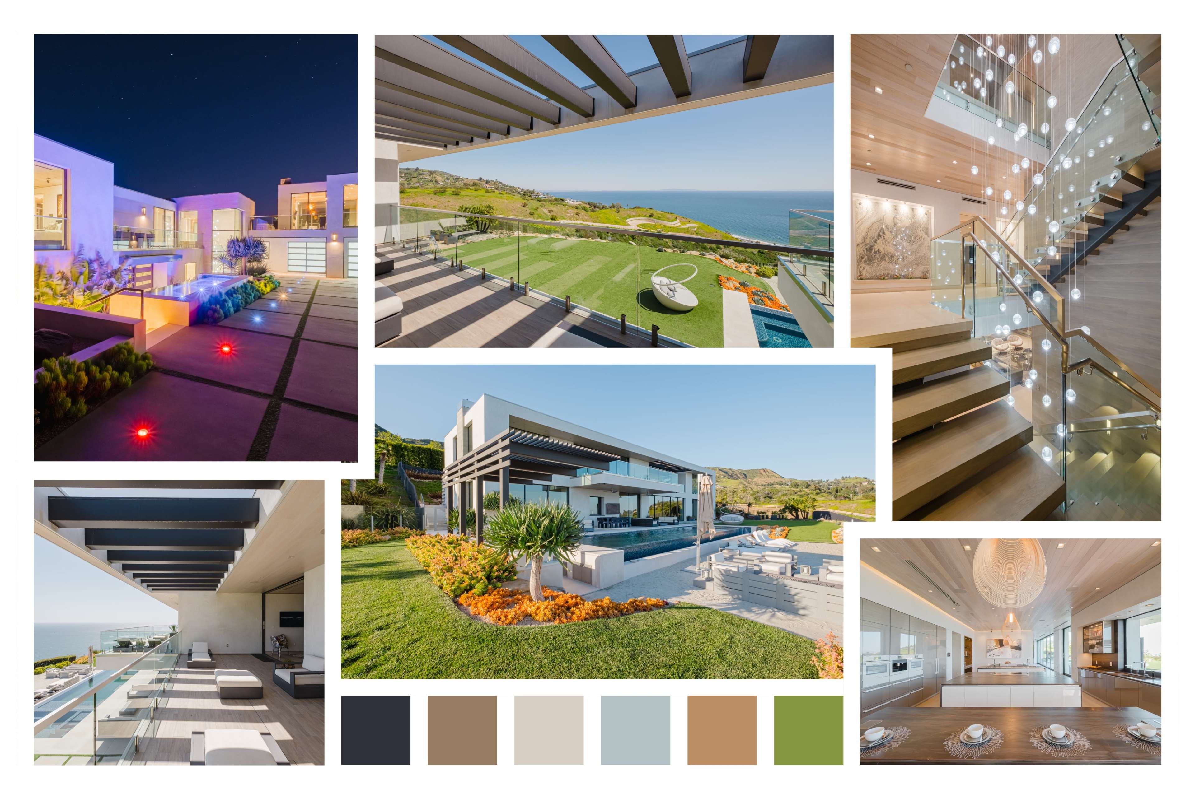 A series of modern architectural perspectives of a coastal villa, showcasing outdoor spaces, landscaped gardens, and contemporary interior designs.