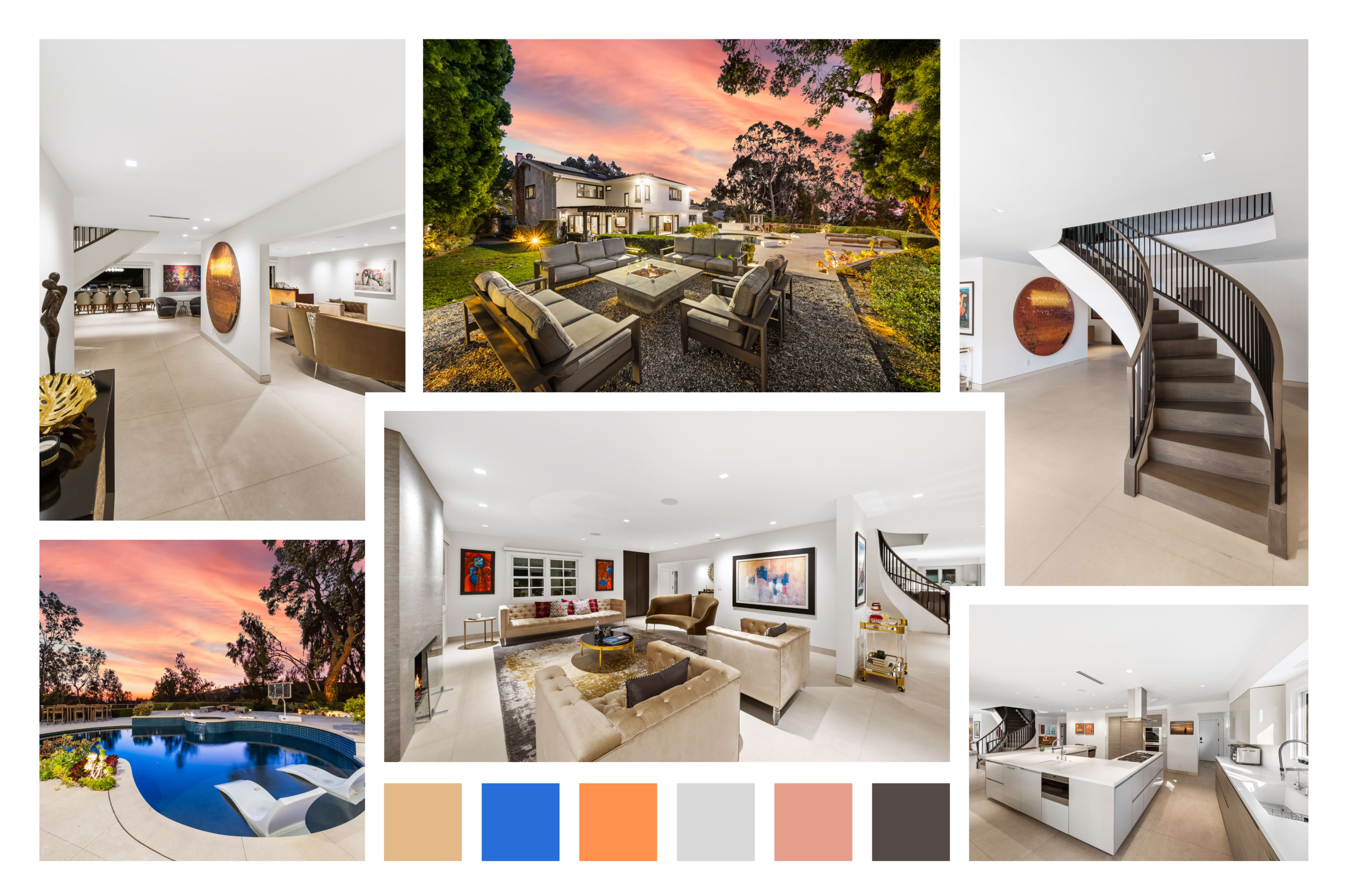 The image showcases a luxurious modern home featuring an outdoor patio, swimming pool, and spacious interior with a staircase, dining area, and living room, all under a sunset sky.