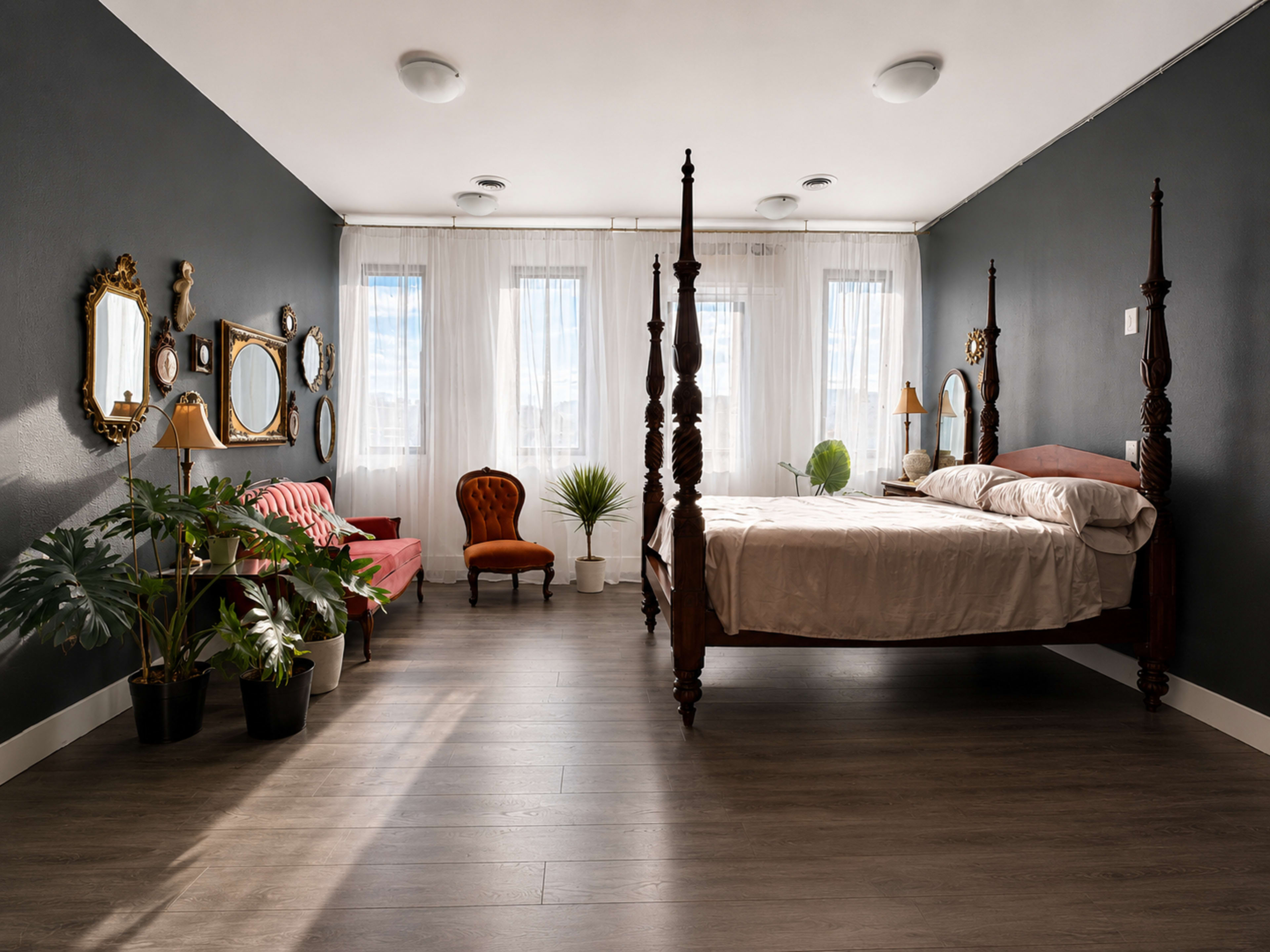 The image shows a spacious bedroom with a four-poster bed, a vintage armchair, a sofa, and several potted plants, illuminated by natural light from large windows.