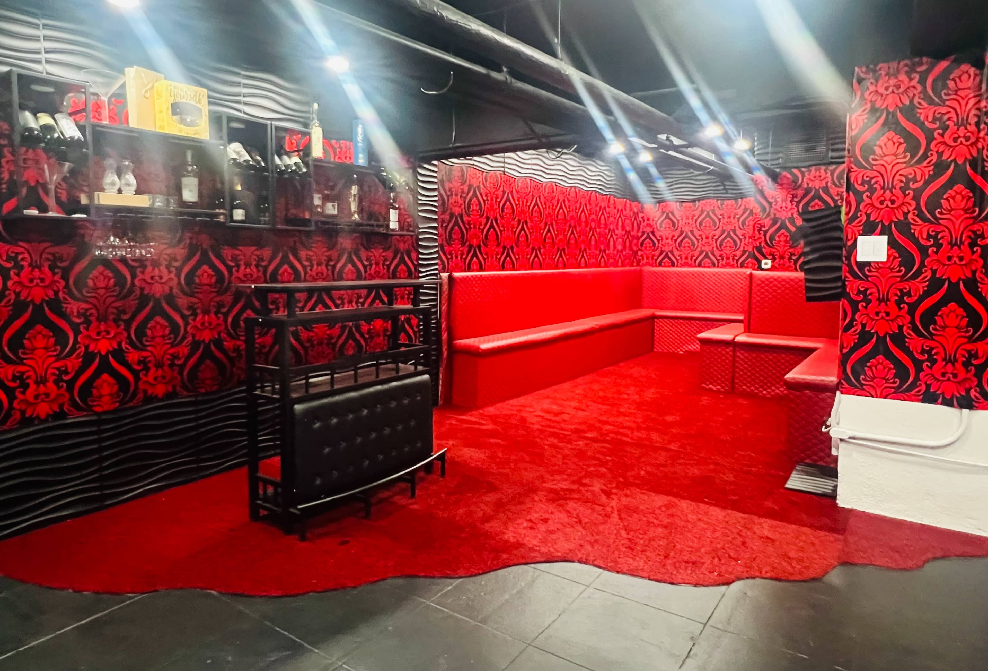 The image shows a room with red and black patterned wallpaper, adorned with a plush red carpet, and features a bar-like area against one wall.