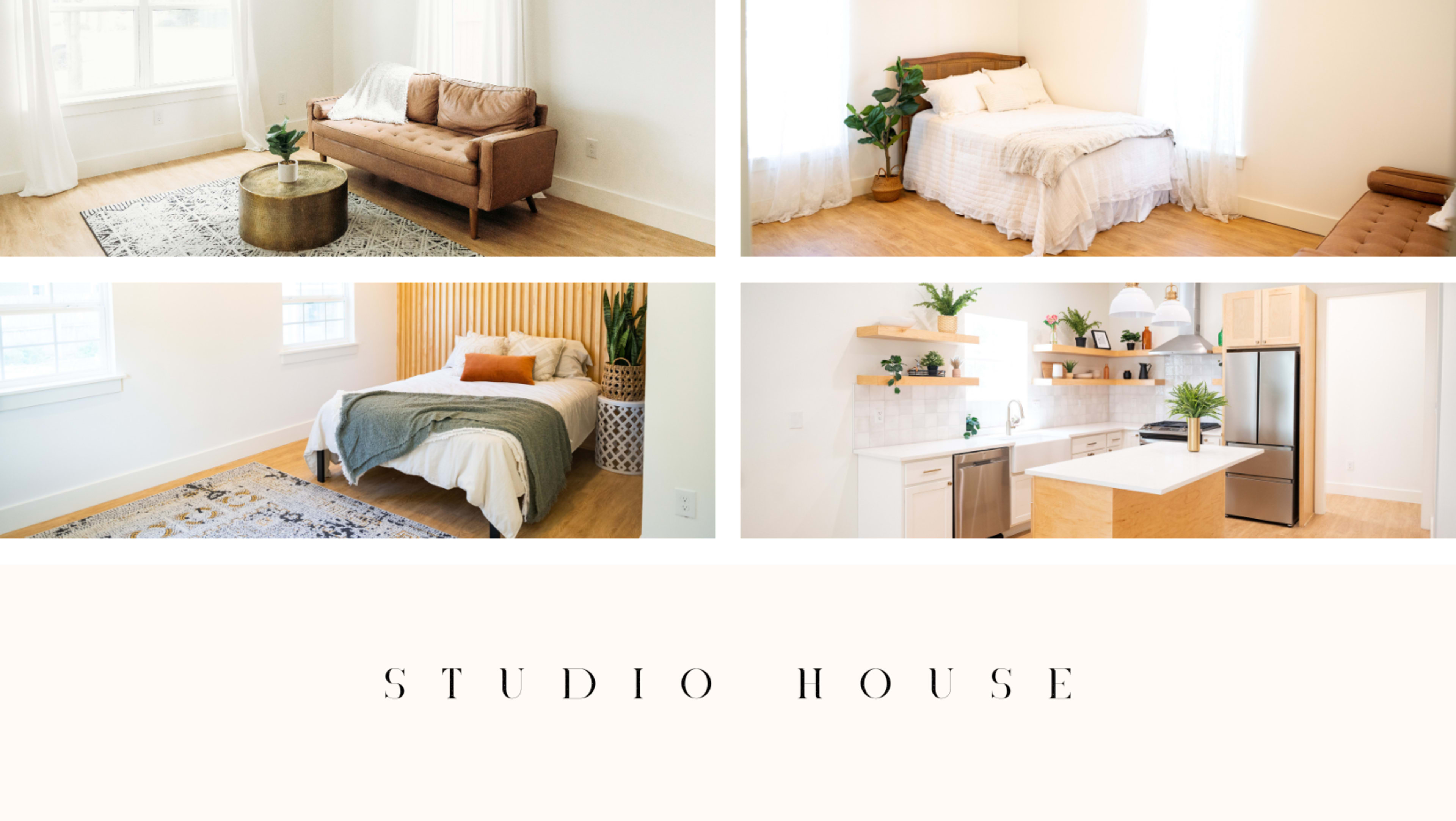 A studio house featuring a living area with a couch and coffee table, a bedroom with a bed and decorative wall elements, a second bedroom with a patterned rug and bedding, and a kitchen area with shelves and modern appliances.