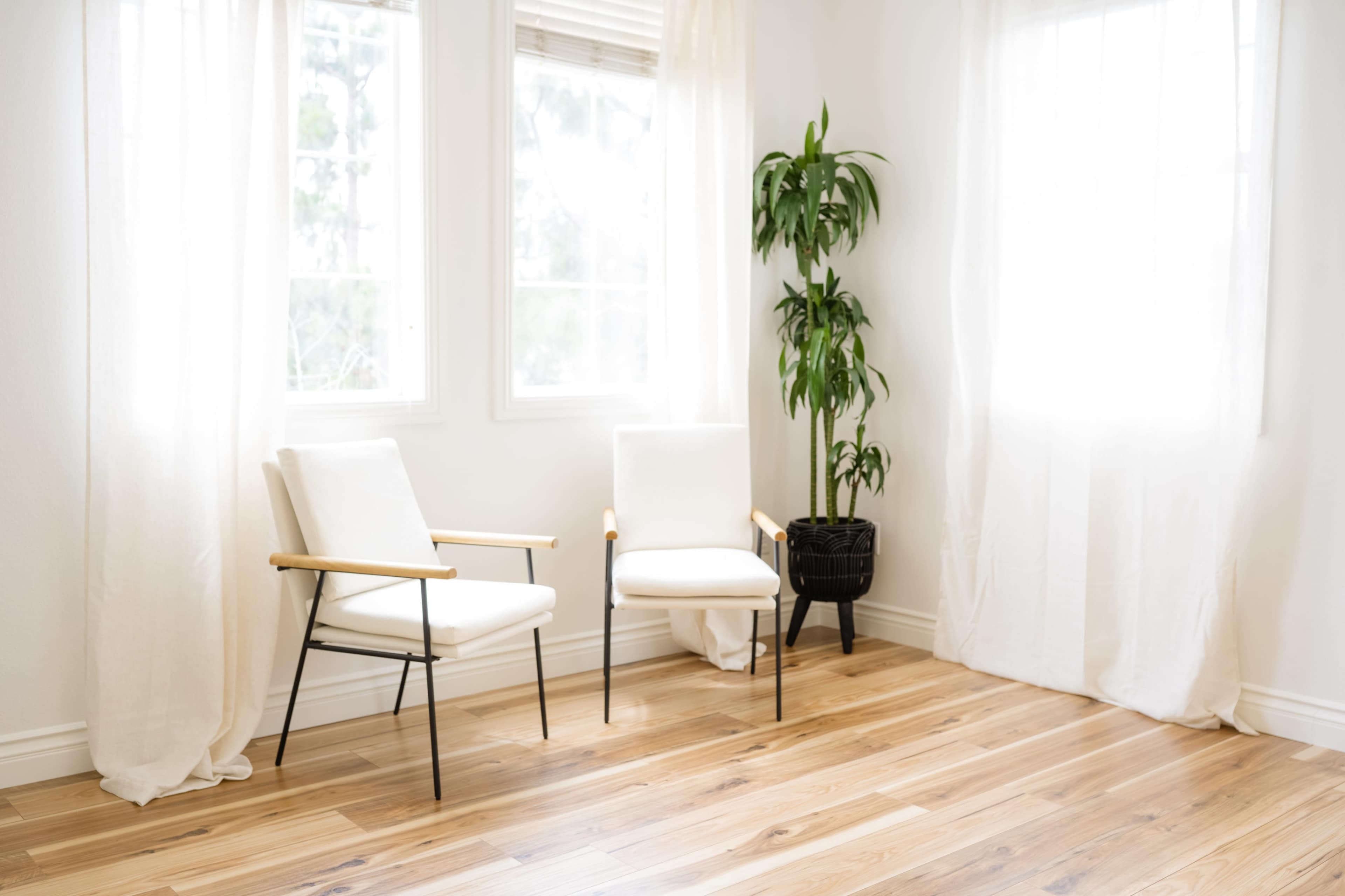 A bright room with two white chairs, a potted plant in the corner, and large windows with sheer curtains.