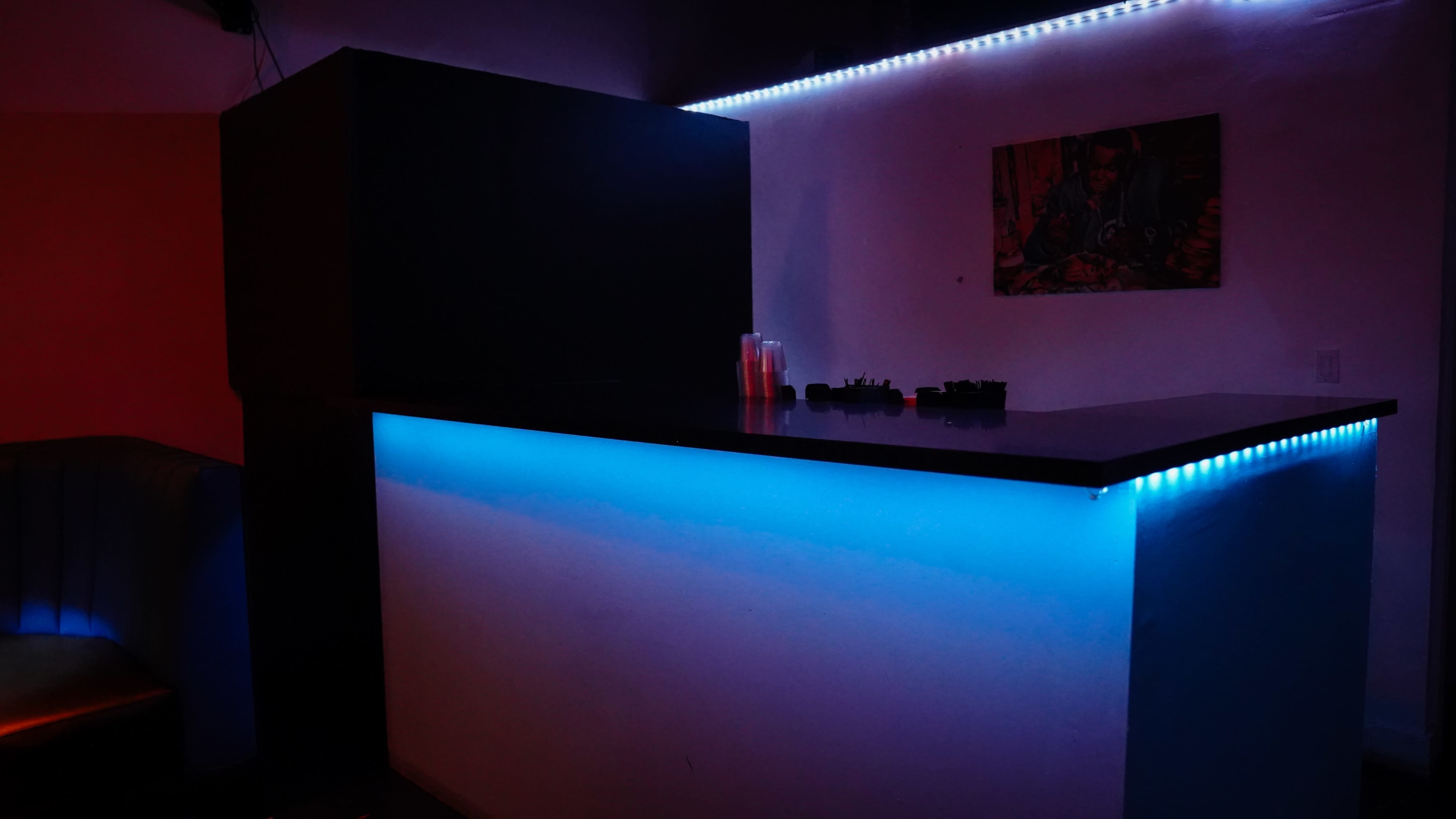 A dark bar area features a counter illuminated with blue LED lights, and a painting hangs on the wall above.