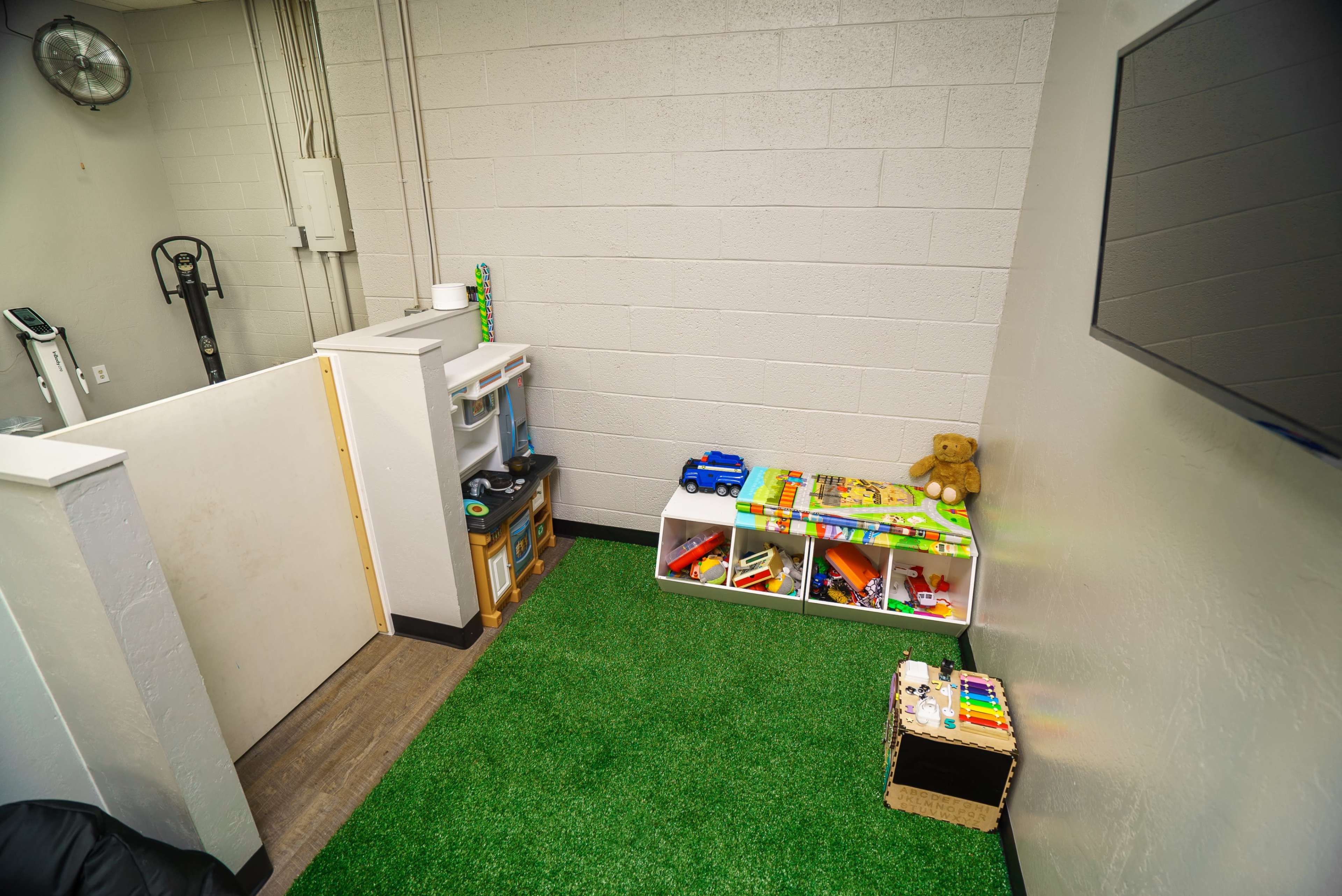 The image shows a small play area with artificial grass, a toy shelf filled with various children's toys, and a teddy bear in the corner.