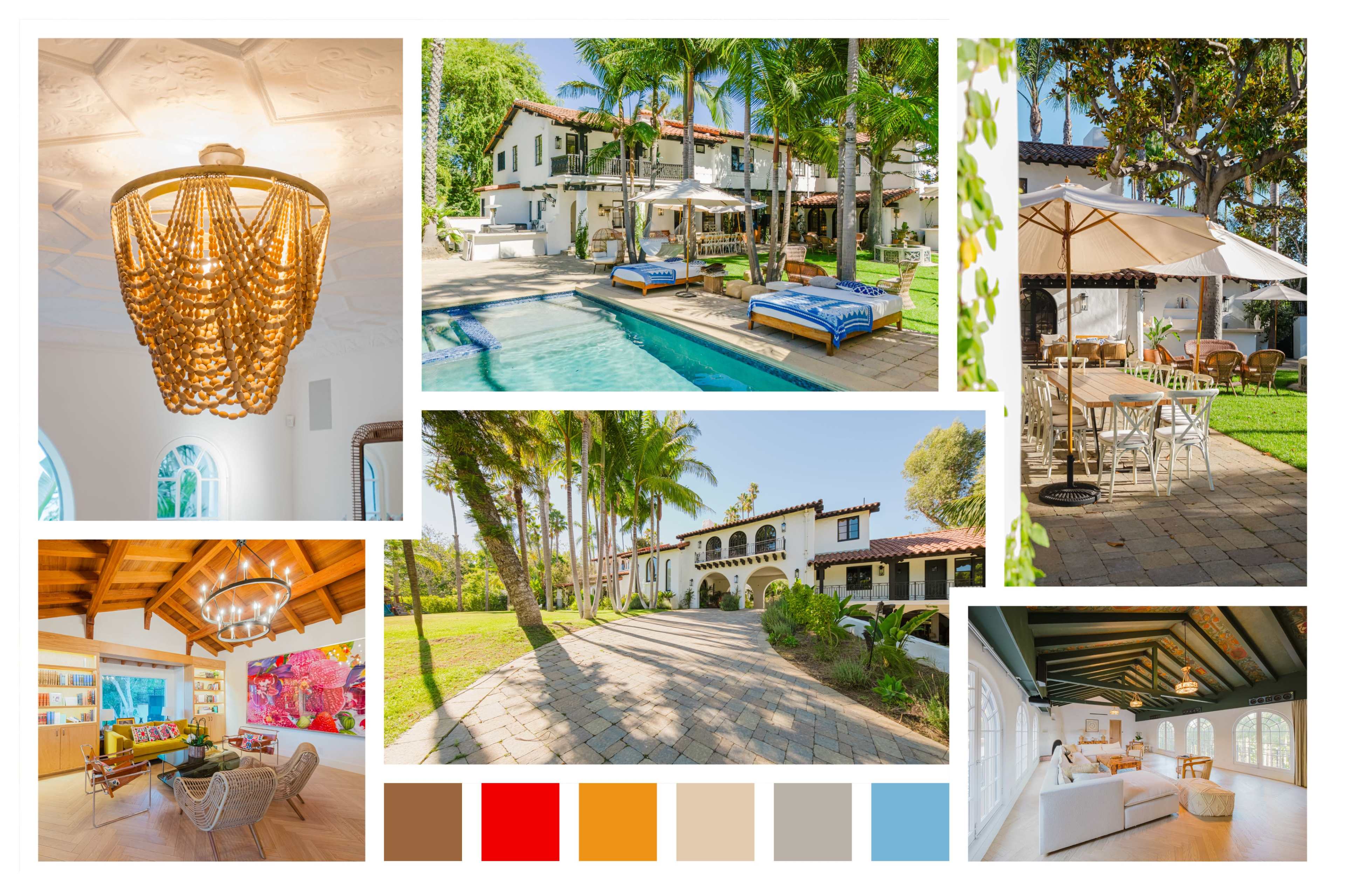 The image showcases a luxurious outdoor area featuring a pool surrounded by sun loungers, trees, and a dining set against a backdrop of a stylish villa.