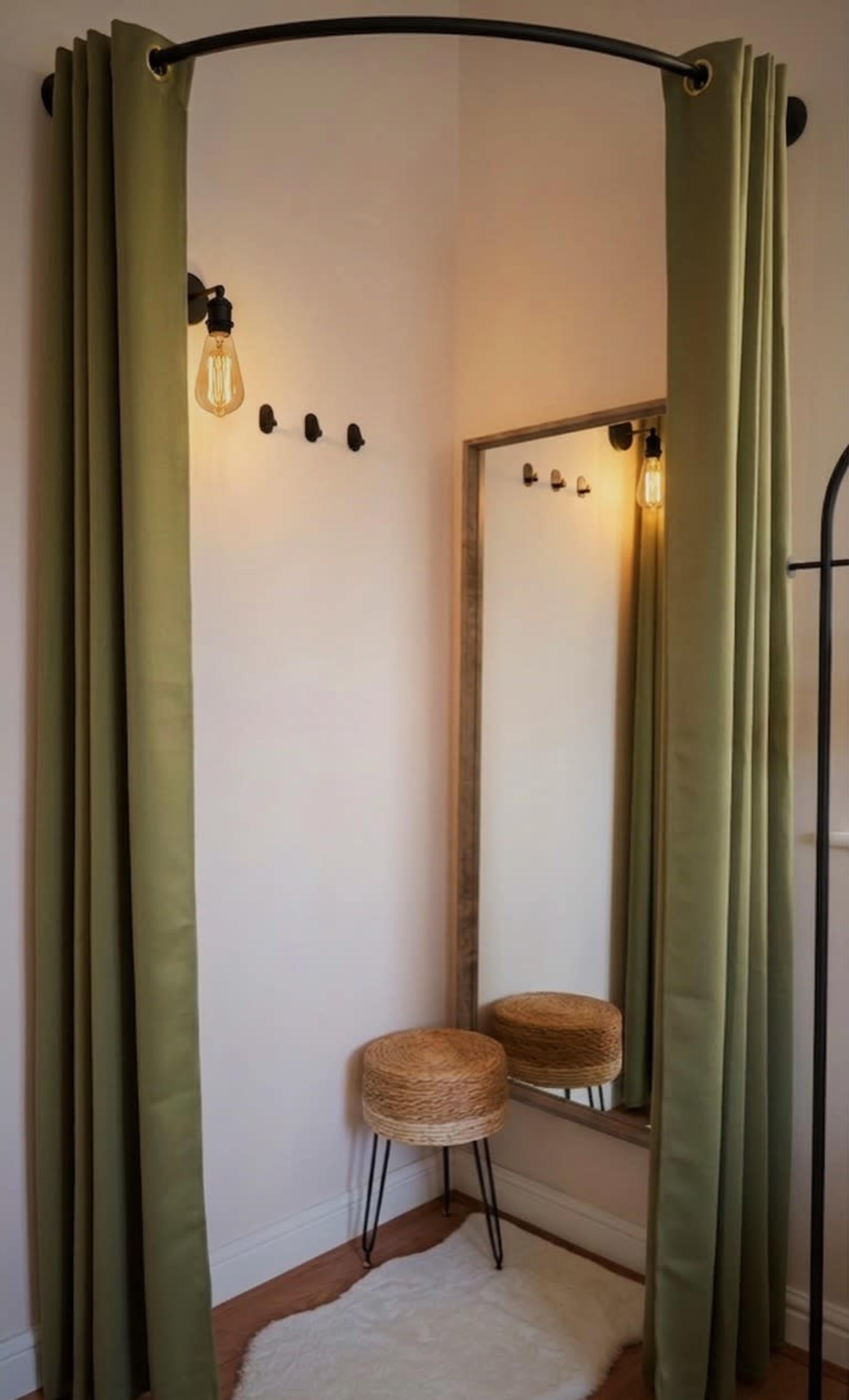 The image shows a corner of a room featuring a mirror framed in wood, green curtains hanging from a rod, a small wicker stool, and a light fixture.